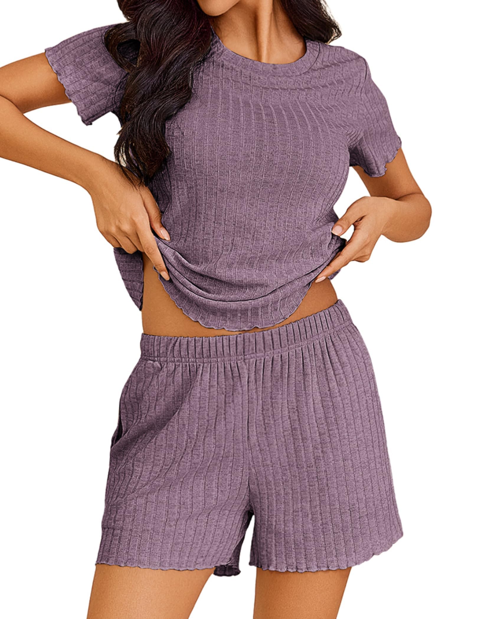Ekouaer Women's Ribbed Knit Pajama Set - Soft Short Sleeve Sleepwear with Pockets for Lounge & Nightwear | Cozy Home Outfit, Perfect for Relaxing & Sleeping