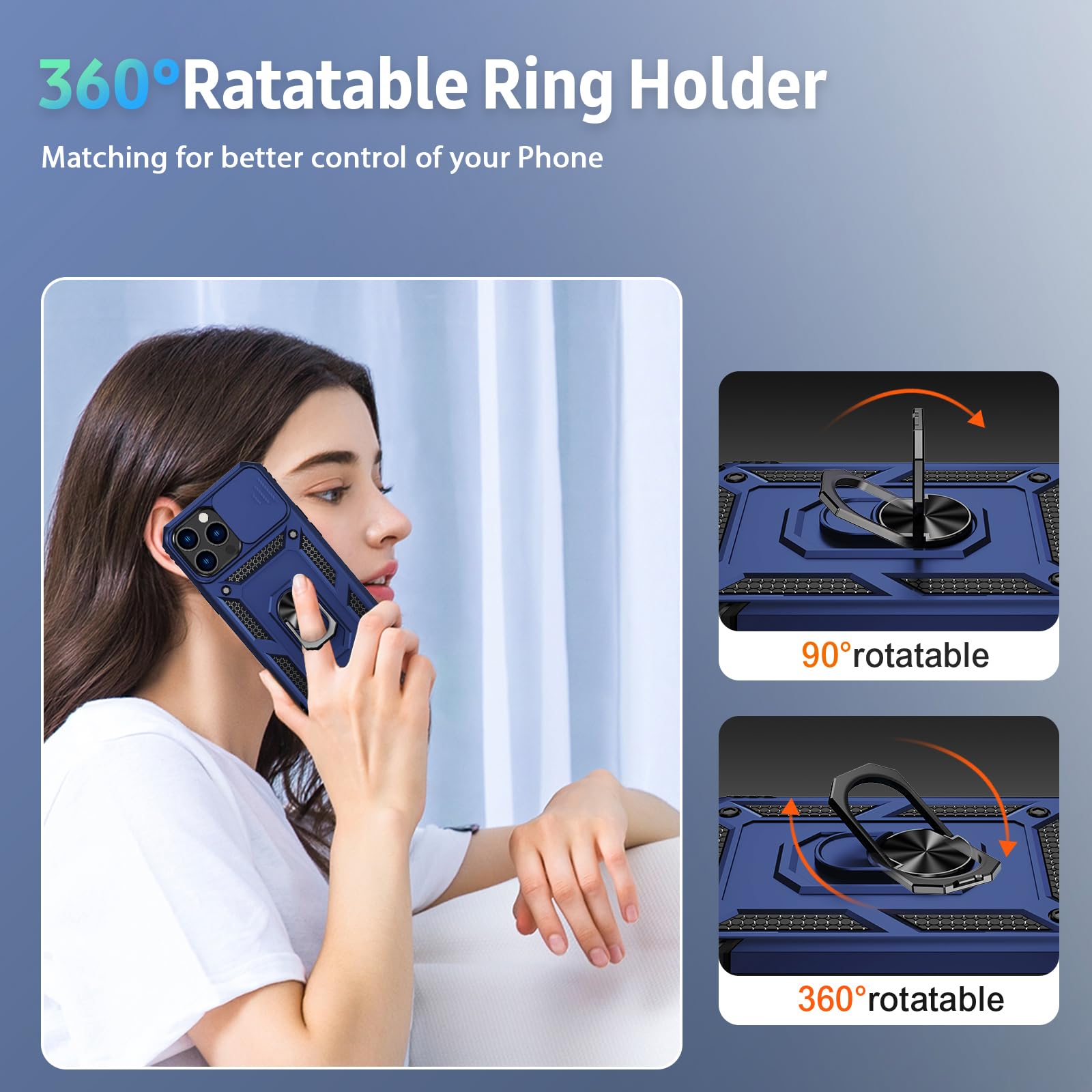 Premium iPhone 12 Pro Max Case with Camera Lens Cover & HD Screen Protector | 10FT Military-Grade Drop Protection | Magnetic Ring Holder & Kickstand | Navy Blue | Perfect for Outdoor Activities, Travel, and Daily Protection