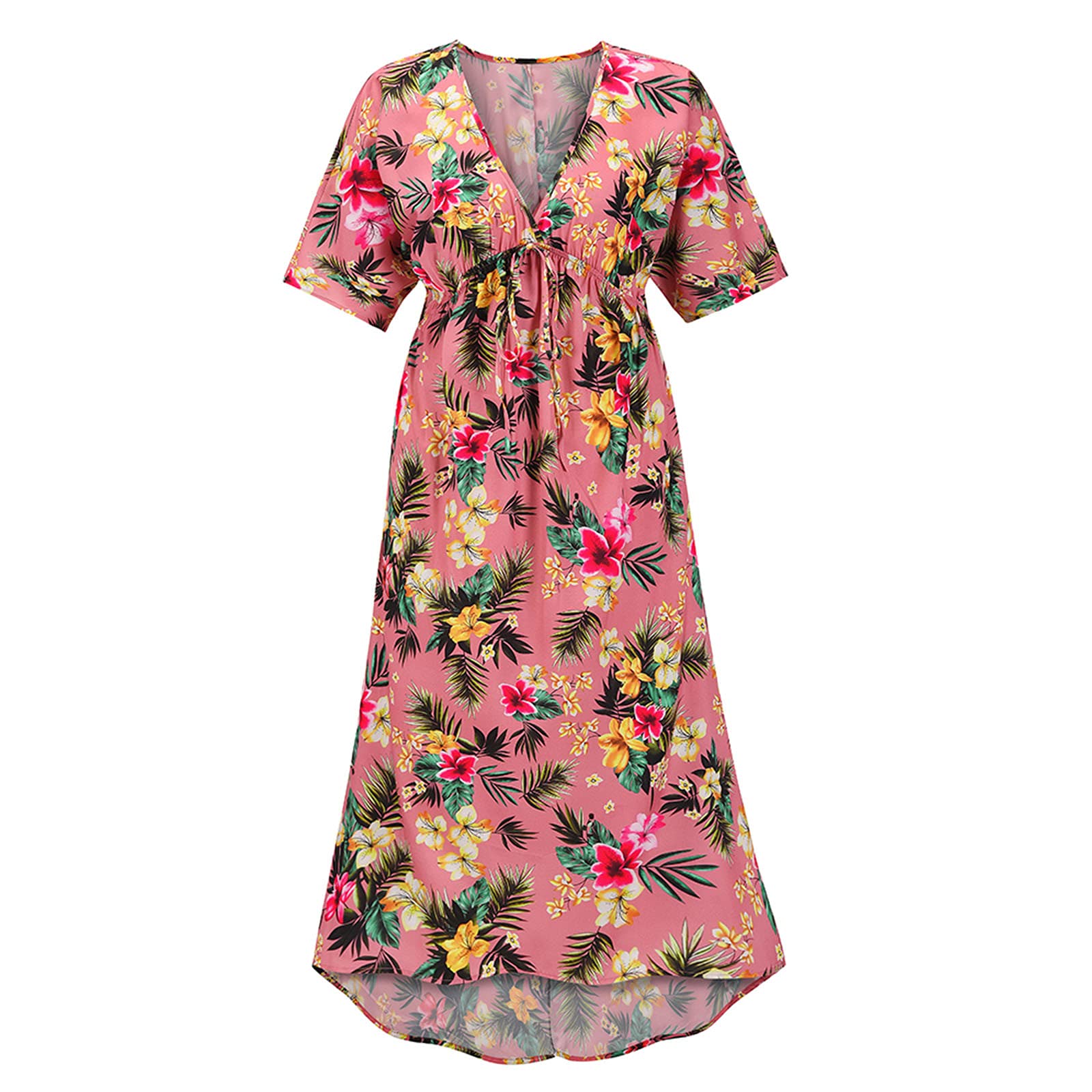SHOPESSA Women's Hawaiian Floral Short Sleeve Midi Dress - Bohemian Empire Waist Flowy Sundress for Beach Vacation, Summer Party & Casual Wear