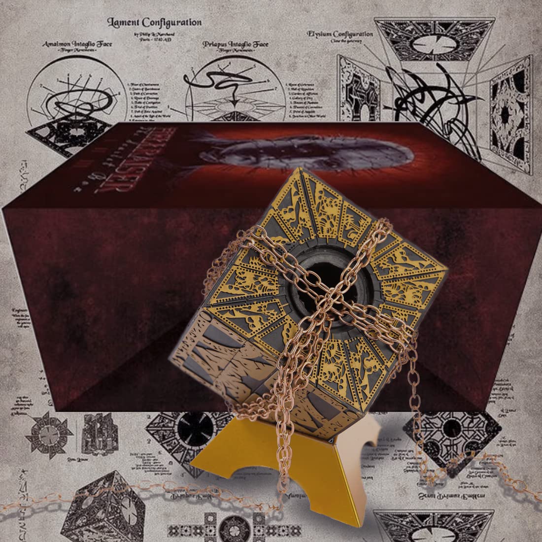 Hellraiser Puzzle Box - Detachable Deformation with Chains & Base, Lament Configuration Horror Movie Prop - Full Functional Puzzle Box for Collectors, Model Decoration & Cosplay Scenes