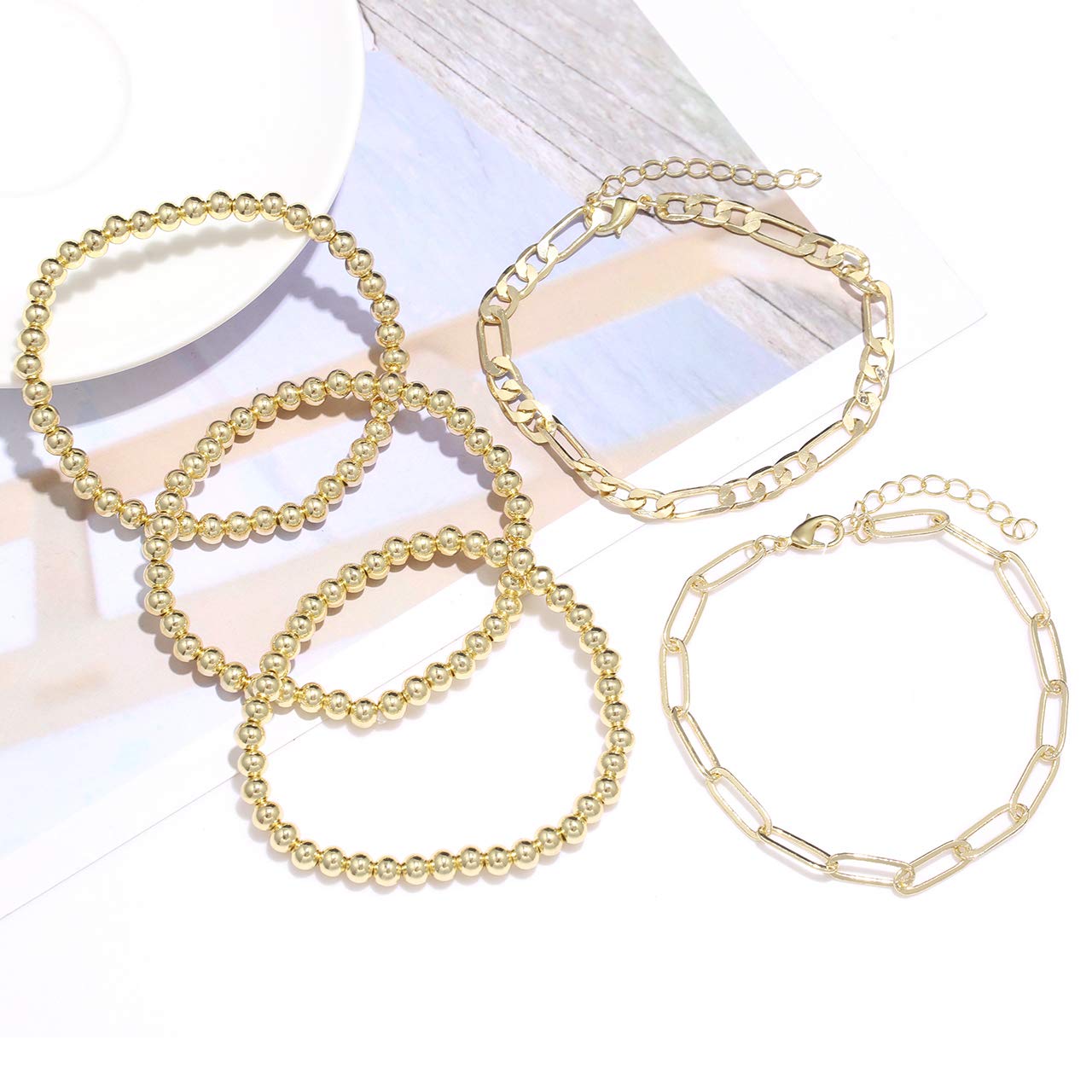 Stylish Beaded Stretch Bracelets for Women - Gold & Silver Small Ball Beads, Dainty Paperclip & Figaro Link Chain Bracelet Set (His & Her) - Perfect for Layering, Stacking, and Everyday Wear