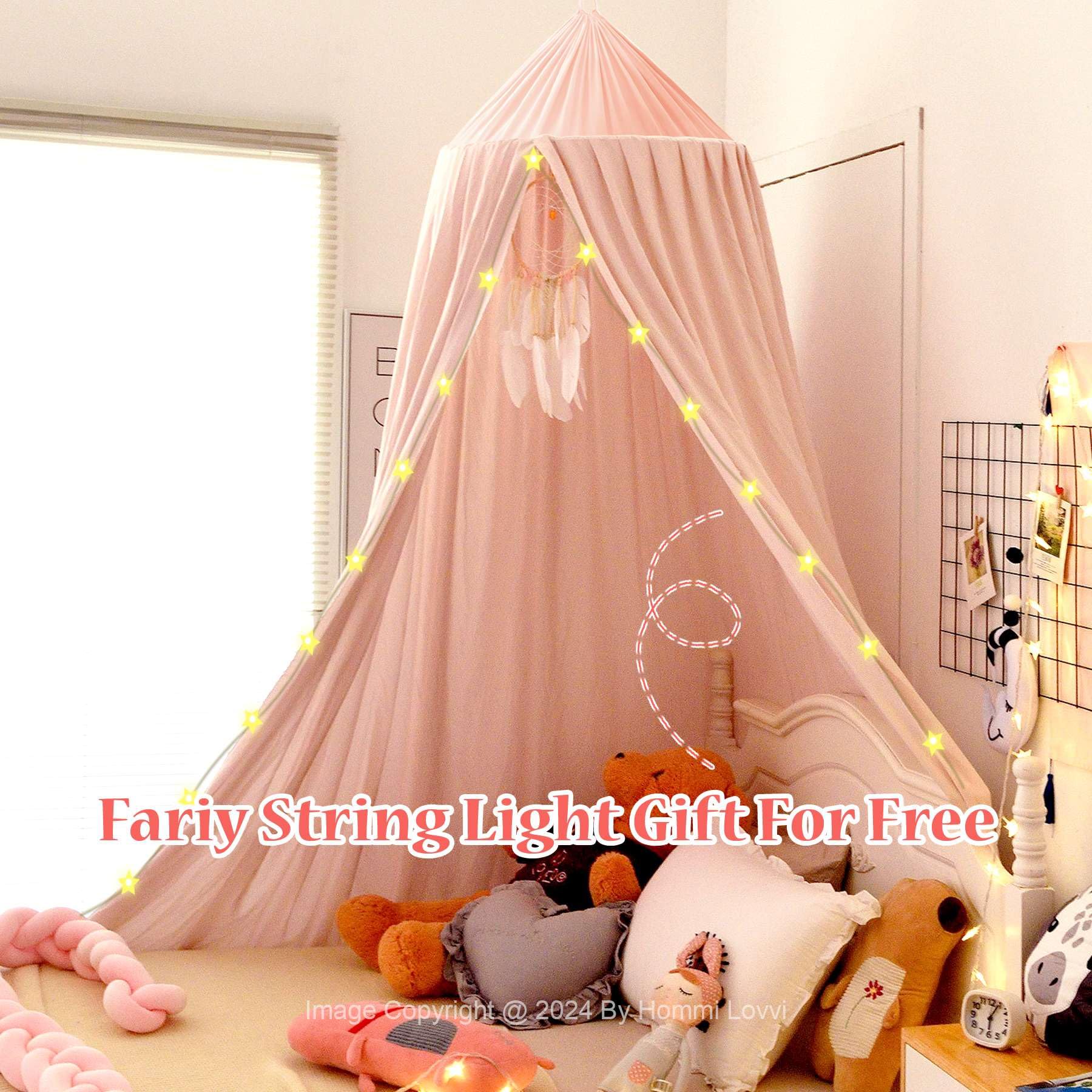 Light Pink Bed Canopy for Girls with Fairy Lights - Princess Canopy Curtains for Twin/Full/Queen Size Beds | Kids Room Decor, Hanging Castle Ceiling Tent | Perfect for Bedroom Makeovers, Birthday Gifts & Dreamy Sleepovers