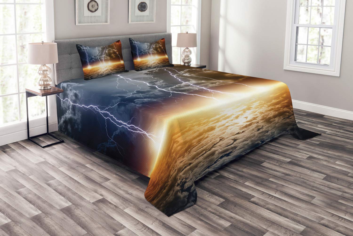 Ambesonne Thunder Bedspread Set - King Size Weather Themed Quilted Coverlet with Cloud & Lightning Design, 3-Piece Bedding Set Includes 2 Pillow Shams - Multicolor Pastoral Decor for Bedroom, Living Room & Guest Room