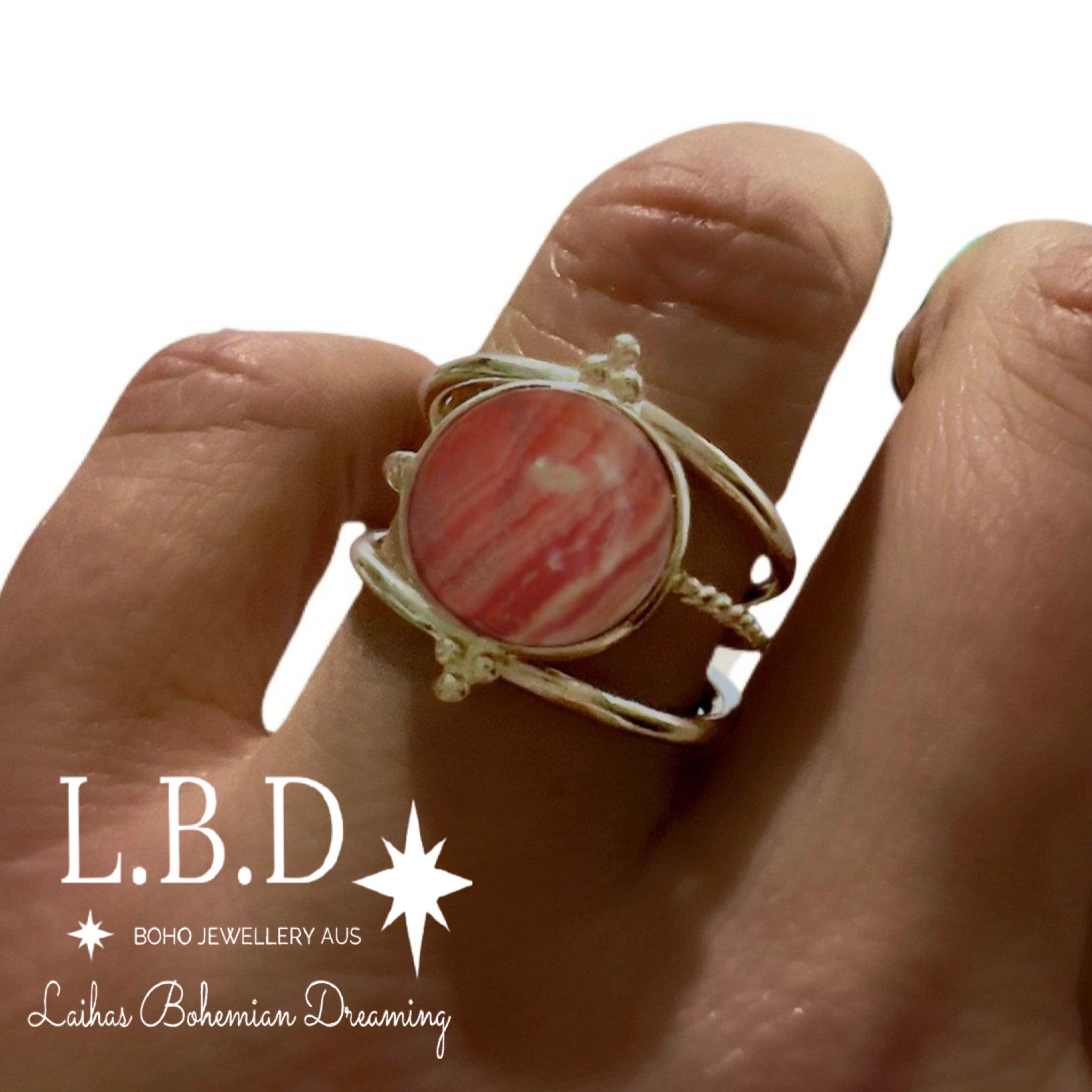 Laihas Free Spirit Rhodochrosite Ring for Women - Genuine Pink Gemstone Jewelry - Perfect for Boho Style, Gift Giving & Spiritual Healing