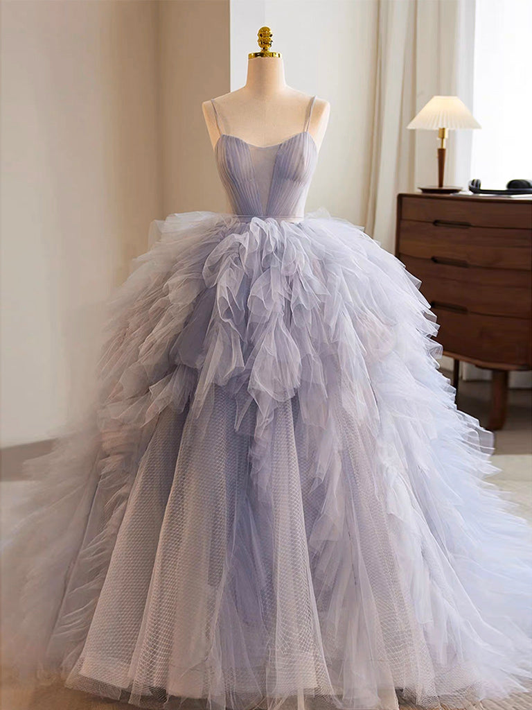 Elegant Blue Tulle Long Prom Gown & Sweet 16 Dress - Formal Evening Gown for Homecoming, Quinceañera, and Special Occasions