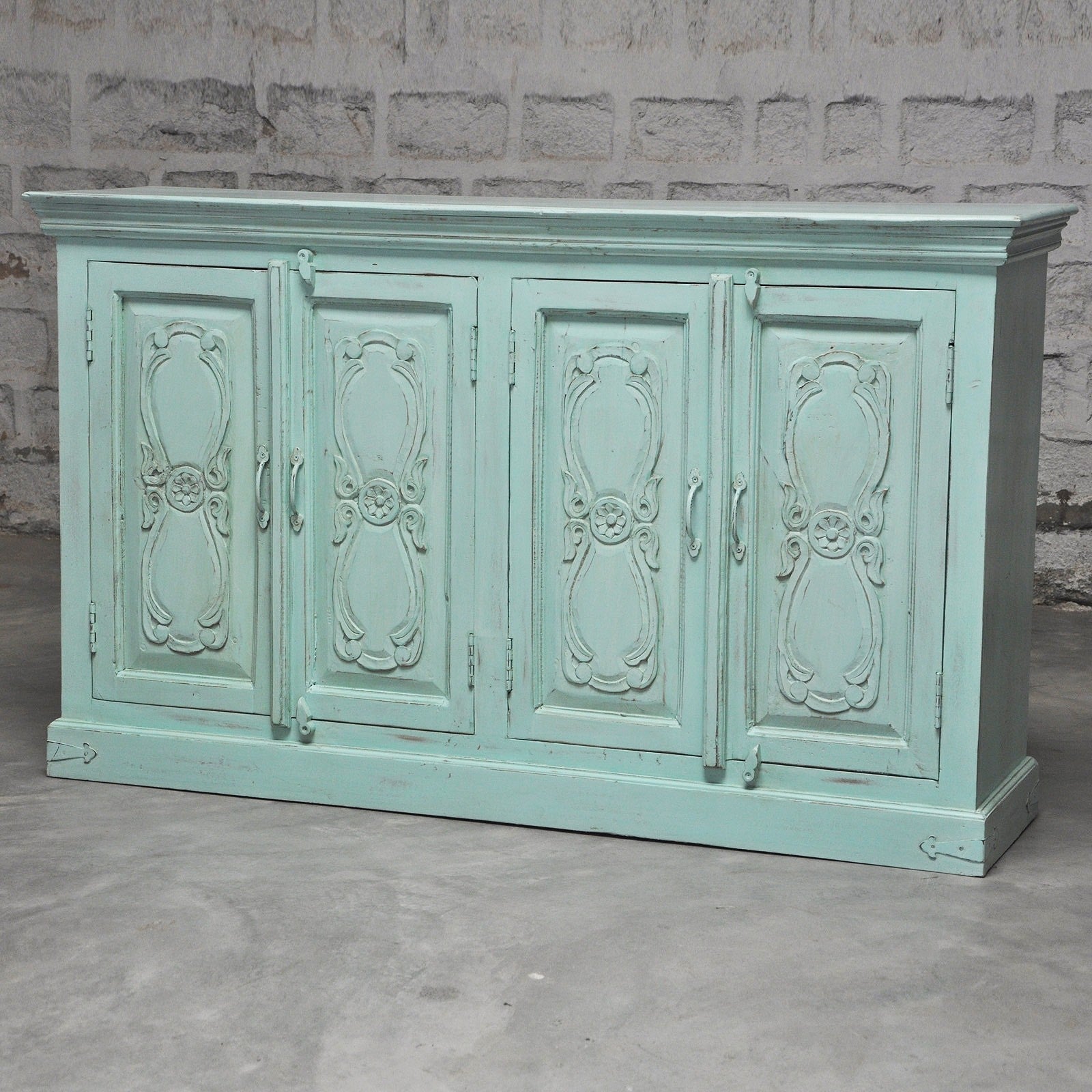 Floral Carved Solid Wood Sideboard - Rustic Farmhouse Buffet Cabinet for Dining Room, Living Room & Entryway Storage