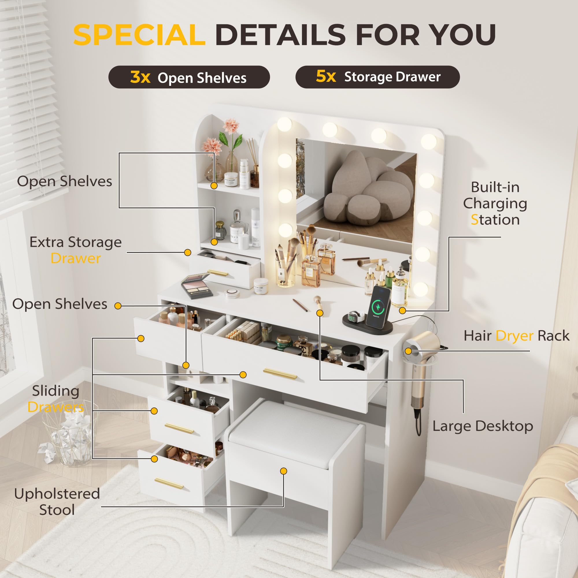 Vanity Desk with LED Lighted Mirror & Power Outlet - 3 Color Lighting Makeup Vanity Table with 5 Drawers & 3 Shelves, Includes Storage Stool - Perfect for Bedroom, Dressing Room & Home Beauty Station (White)