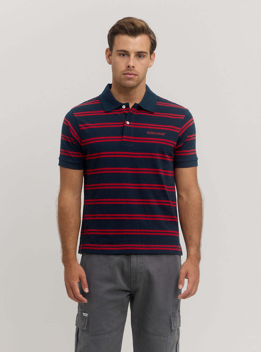Guess Jeans Men's Red & Blue Striped Polo T-Shirt - Casual Short Sleeve Cotton Shirt for Summer, Golf, and Everyday Wear