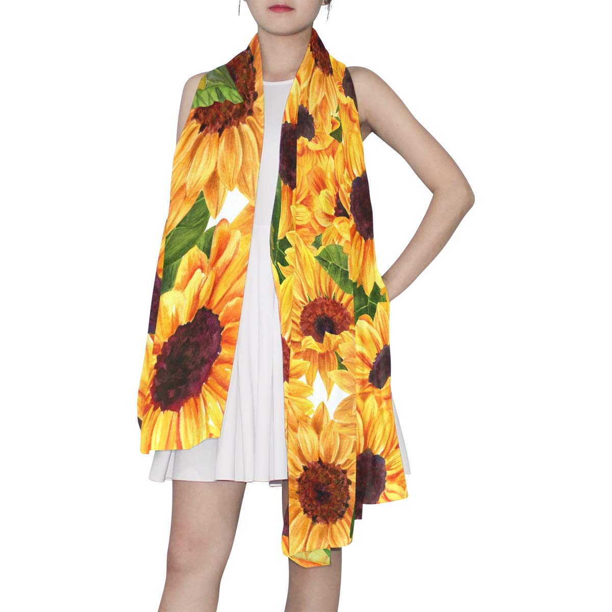 ALAZA Long Silk-Like Scarf for Women - Watercolor Sunflower Floral Print Yellow Shawl - Elegant Head Wrap & Fashion Stole - Perfect for Office, Party & Special Occasions