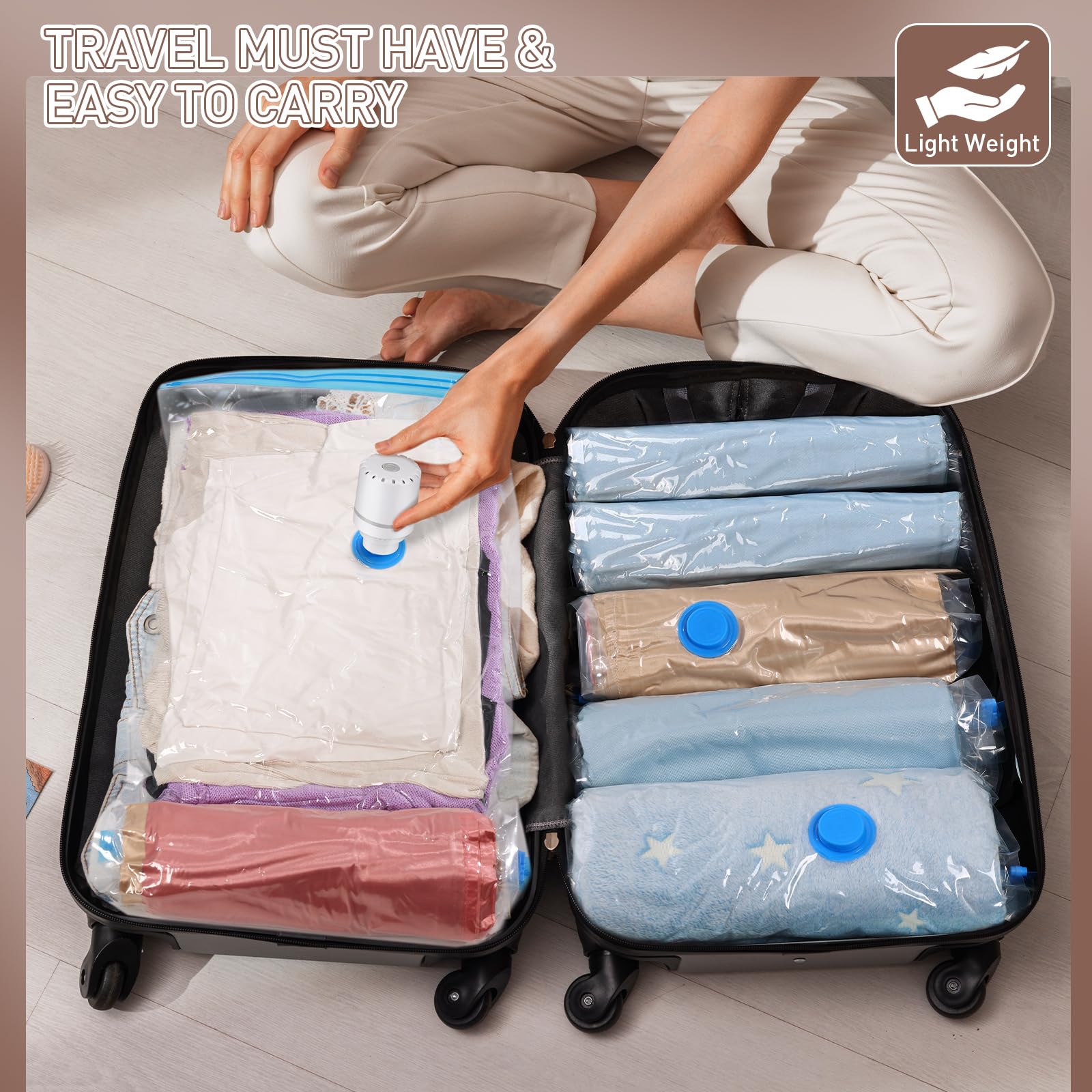 Warmi Vacuum Storage Bags with Electric Air Pump | Space Saving Vacuum Seal Bags for Clothes, Blankets, Duvets, Pillows & Comforters | Travel & Home Storage Solution for Luggage, Wardrobe & Seasonal Items