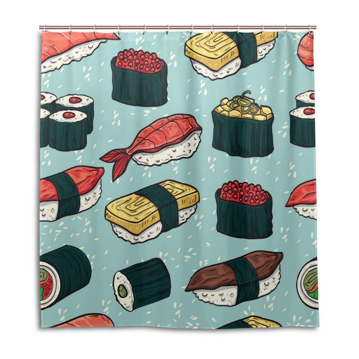 ALAZA Cartoon Sushi Shower Curtain 72 x 72 Inch - Waterproof Polyester Bathroom Decor with Hooks - Cute Japanese-Themed Bath Accessory for Kids & Anime Lovers