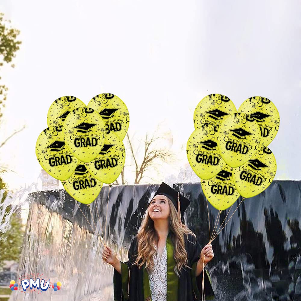 PMU Premium Crystal Yellow Graduation Balloons with All-Over Print Black Graduation Caps, Confetti & Streamers - 50 Pack Latex Balloons for Graduation Parties, Decorations & Celebrations | Perfect for Graduation Ceremonies, School Events & Party Decor