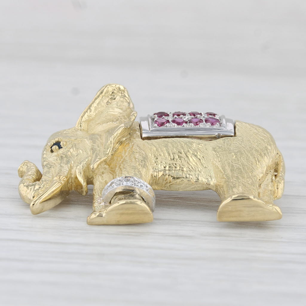 0.45ctw Ruby Diamond Sapphire Elephant Brooch - 18k Yellow Gold & Platinum Pin - Elegant Jewelry Gift for Women, Perfect for Weddings, Anniversaries & Special Occasions