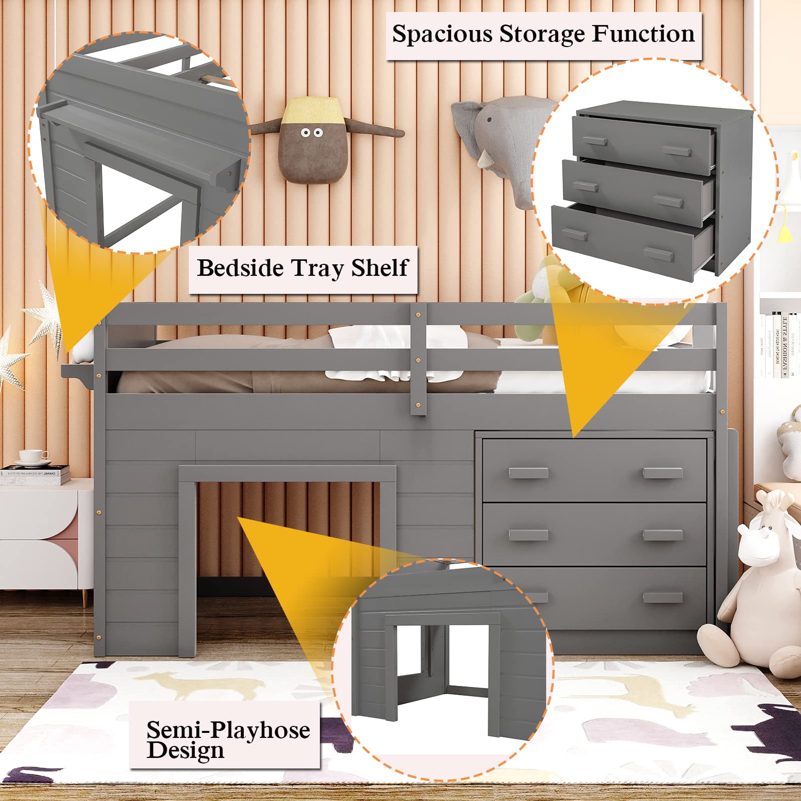 Low Loft Bed with Storage - Twin Size Wooden Loft Bed with Cabinet & Shelf for Kids | Space-Saving Bed Frame for Boys & Girls in Grey | Perfect for Small Bedrooms, Dorms & Kids' Rooms