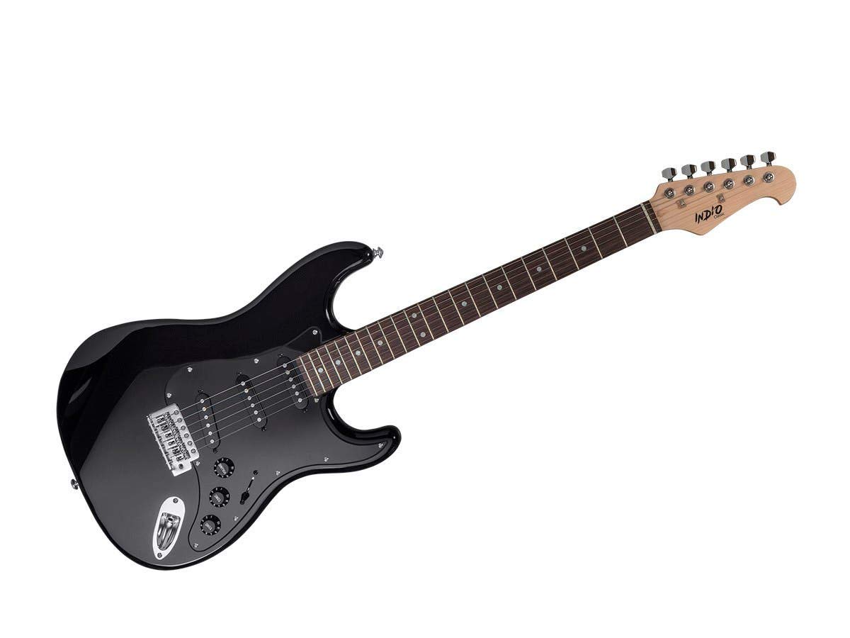 Monoprice Cali Classic Electric Guitar - Black, 6-String Solid Body with Double-Cutaway & SSS Pickups, Right-Handed, Includes Gig Bag - Ideal for Beginners & Practice Sessions - Indio Series