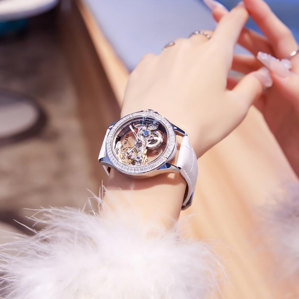 OLEVS Women's Luxury Skeleton Automatic Mechanical Watch - Silver Dress Watch with Waterproof & Luminous Features - Perfect Gift Set for Formal Occasions, Business Meetings & Special Events