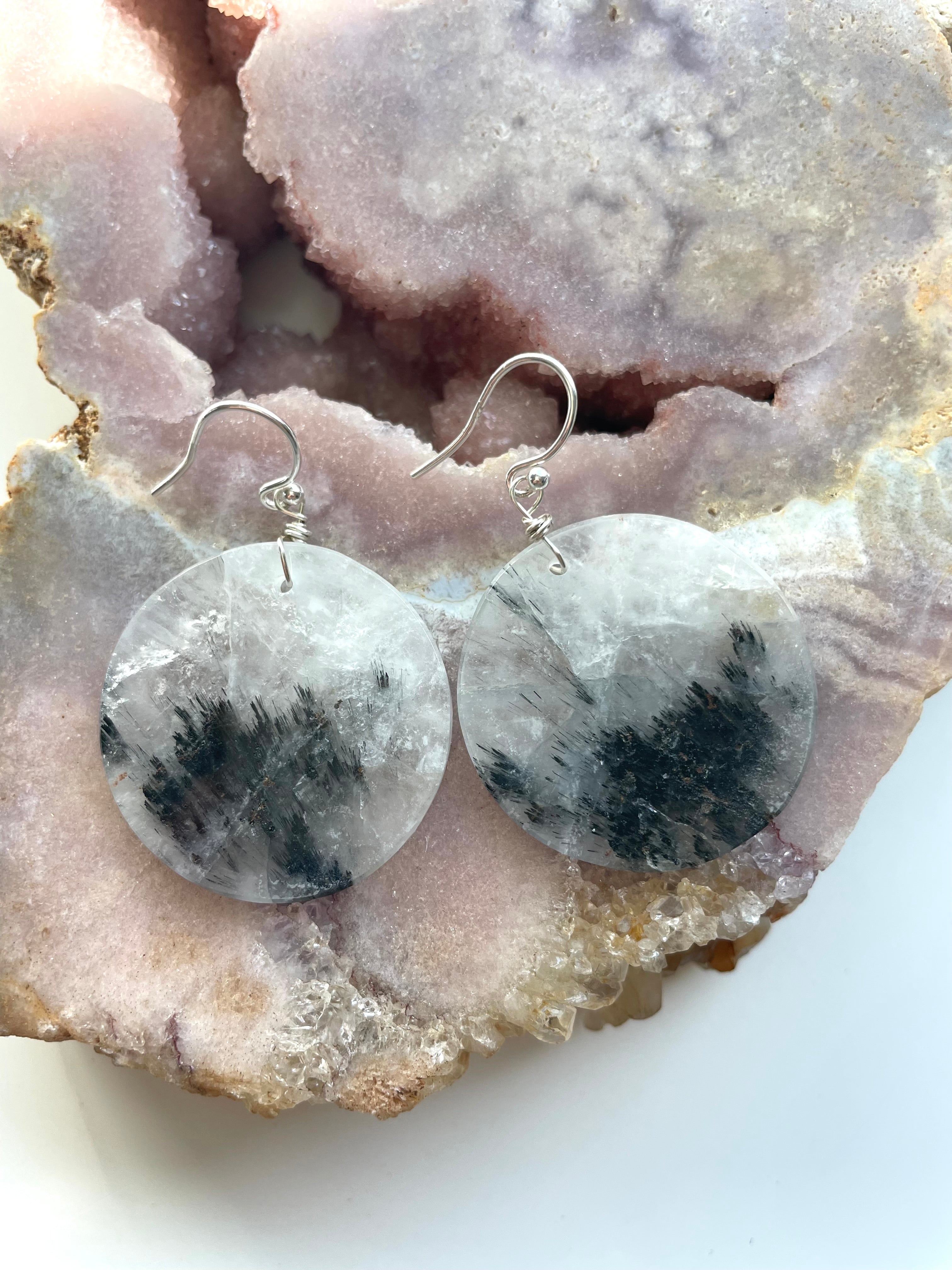 Black Tourmaline in Quartz Statement Earrings - Healing Crystal Jewelry for Women, Elegant Dangle Earrings for Daily Wear & Special Occasions