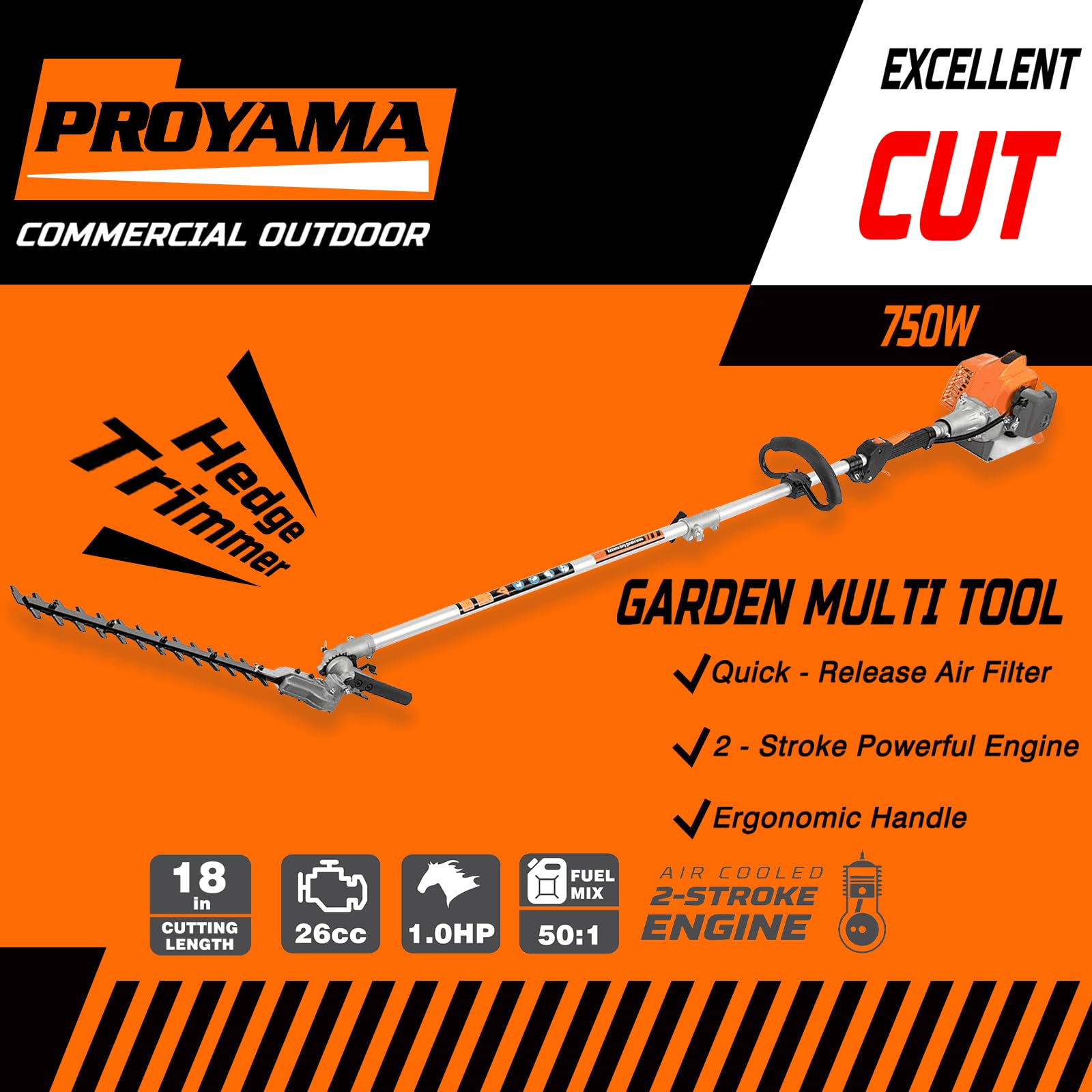 PROYAMA 26cc 2-Stroke Gas Powered 6-in-1 Multi-Functional Landscaping Tool - Hedge Trimmer, Weed Eater, String Trimmer, Brush Cutter, Edger & Pole Saw with Extension Pole - Perfect for Yard Maintenance, Lawn Care and Professional Landscaping