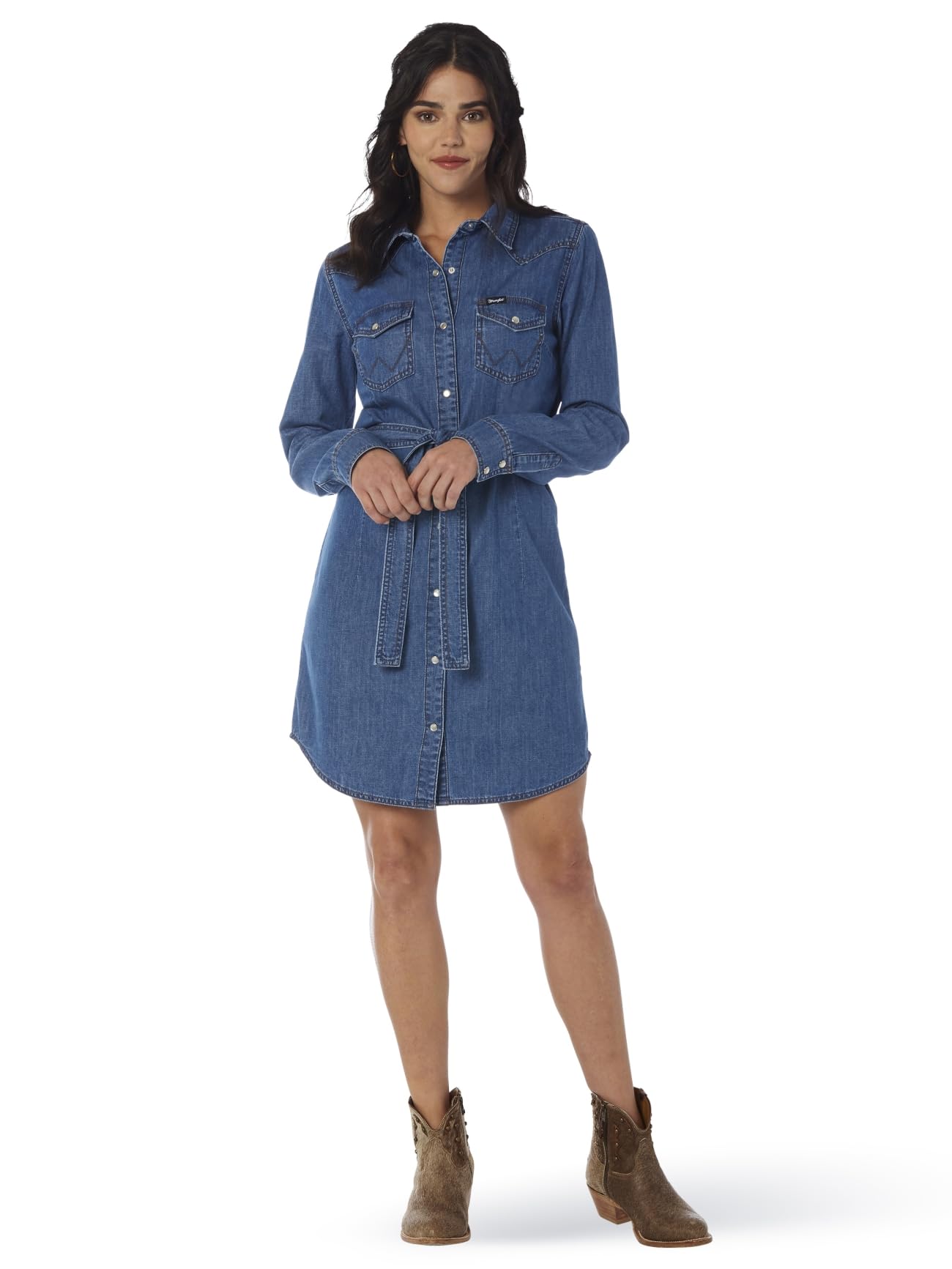 Wrangler Women's Vintage Long Sleeve Western Snap Button Plaid Dress - Perfect for Country Rodeo, Fall Festivals & Western Themed Parties