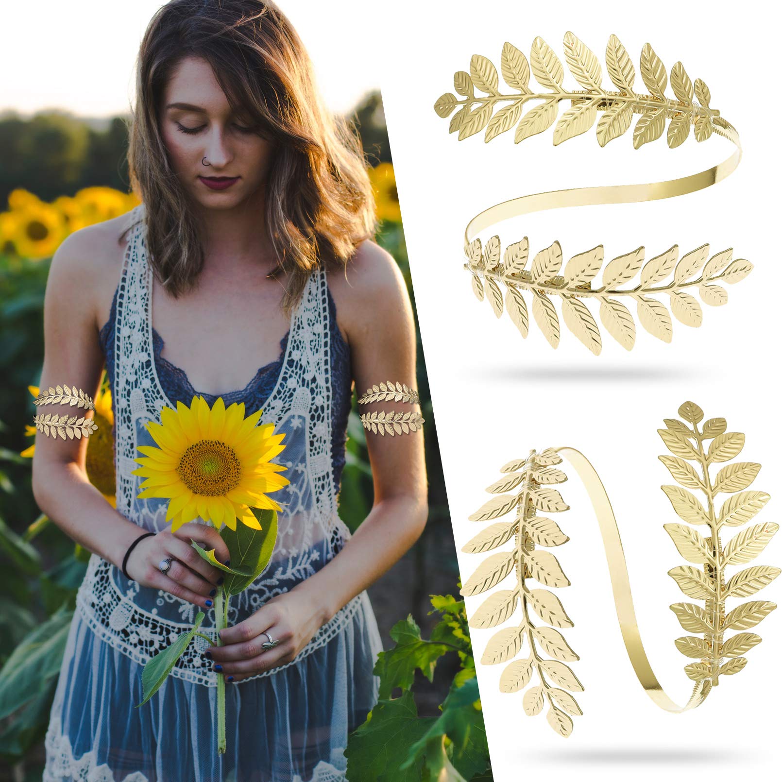 RechicGu 2-Pack Adjustable Leaf Cuff Bracelet Set - Roman Greek Style Armlet Jewelry for Women | Perfect for Weddings, Christmas, Costume Parties & Boho Fashion