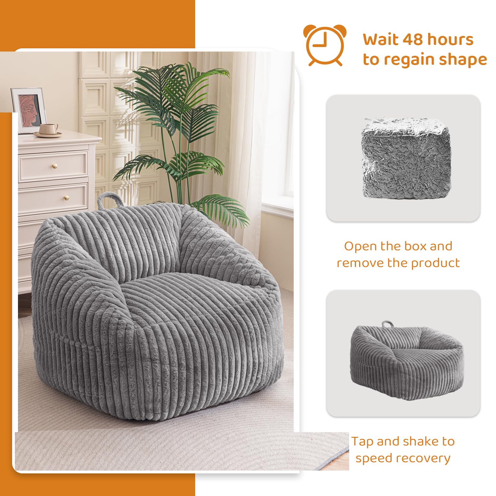 MAXYOYO Bean Bag Chair with Handle & Pocket - Soft Floor Sofa for Living Room, Bedroom, Dorm - Comfortable Grey Lounge Chair for Relaxing, Reading & Gaming