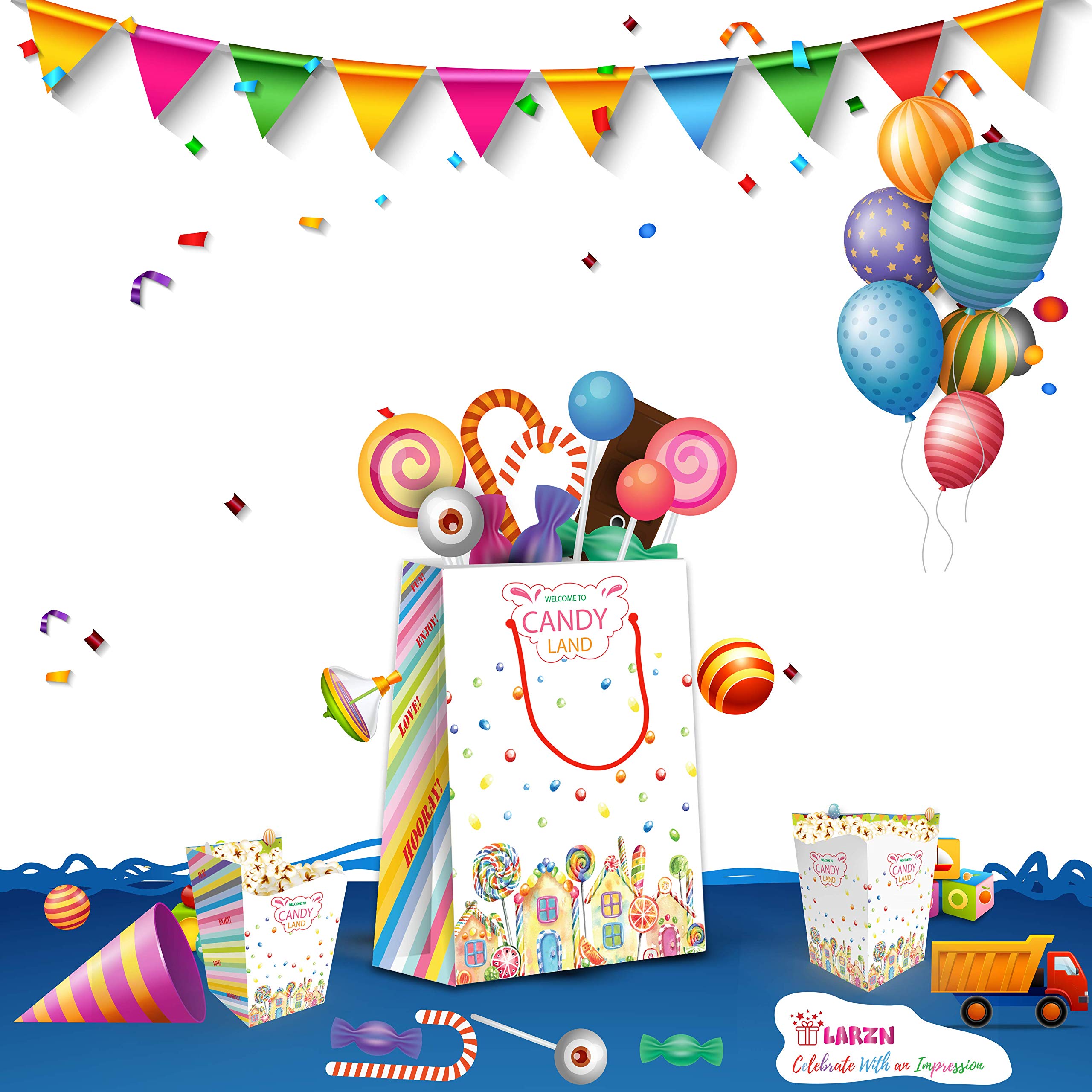 LARZN Premium Candyland Party Favor Bags - 12 Pack Treat Bags for Birthday Parties, Baby Showers & Halloween Celebrations - Colorful Candy Gift Bags for Kids Party Supplies