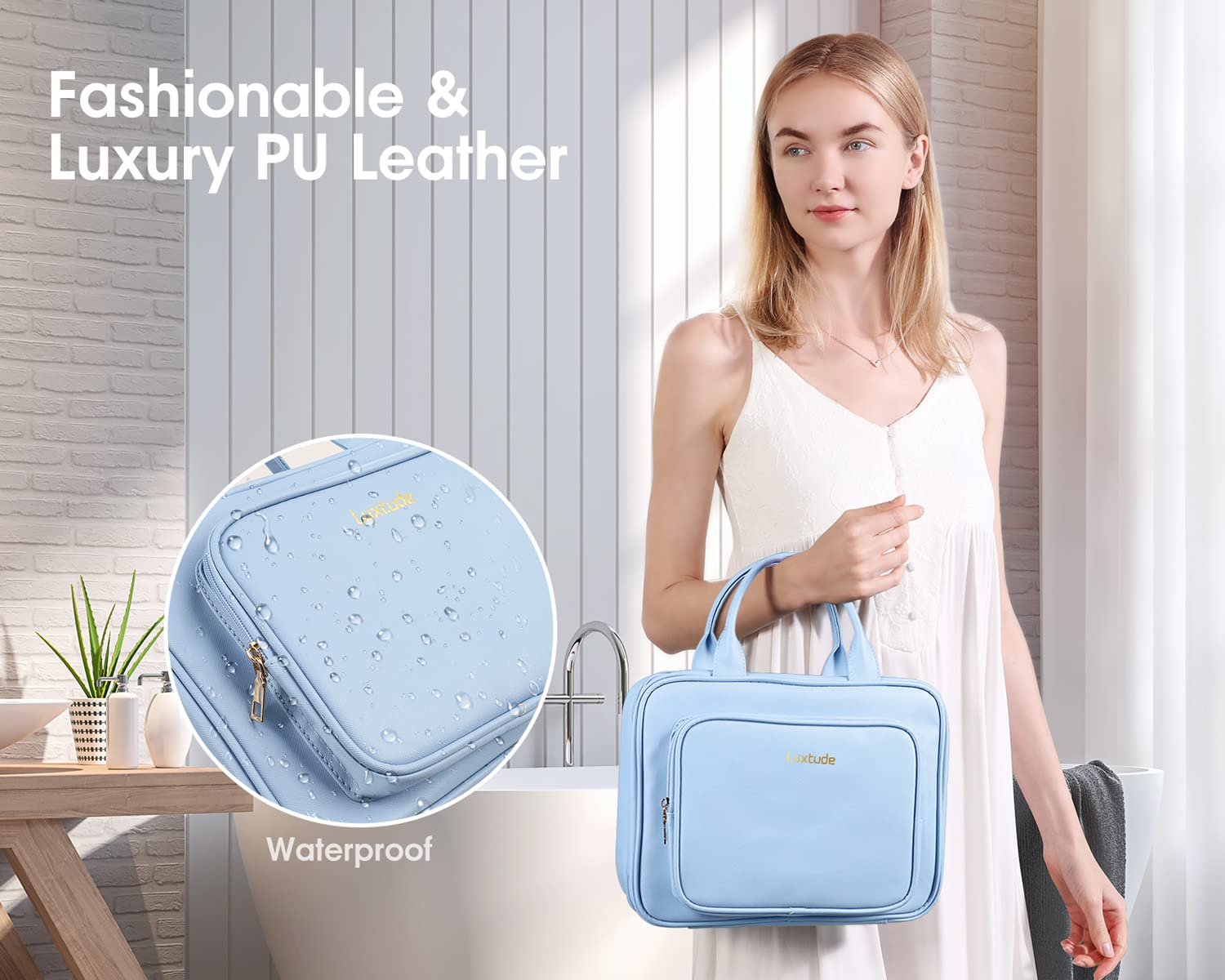 Luxtude Waterproof Leather Hanging Toiletry Bag for Women - Large Travel Makeup Organizer with 360° Hook - Perfect for Cosmetic Storage, Bathroom Shower Essentials & Travel Accessories | Ideal for Vacation, Gym, Business Trips & Daily Use
