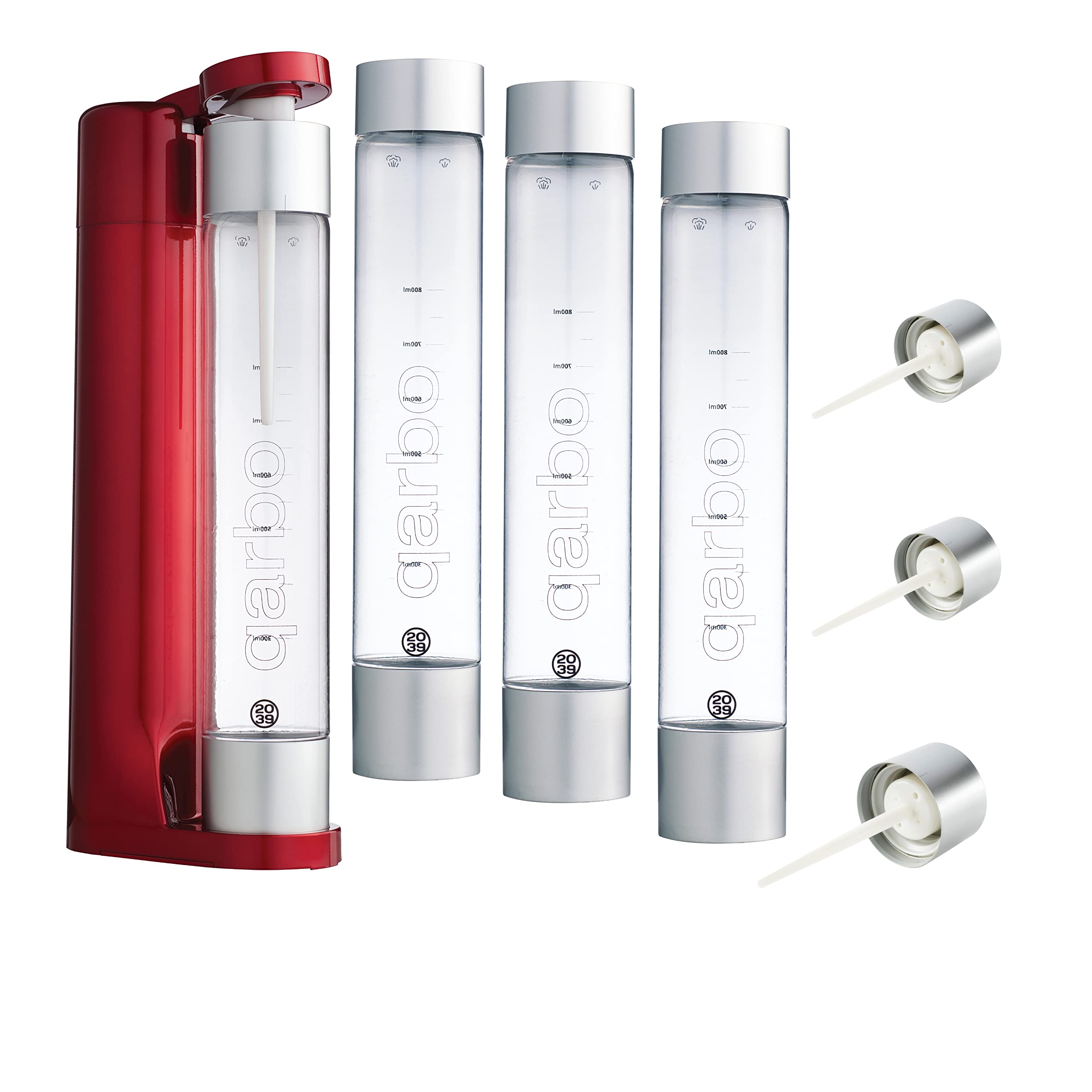 Twenty39 Qarbo Sparkling Water Maker Party Bundle - 4 Bottles & 3 AirCharge Caps (Metallic Red) | Home Soda Machine for Parties, Events & Healthy Hydration