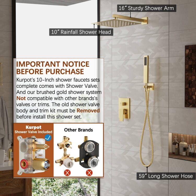 Brushed Gold Shower System - 10 Inch Square Rainfall Shower Head with Handheld Spray Combo, Wall Mounted Bathroom Faucet Set Includes Valve, 59