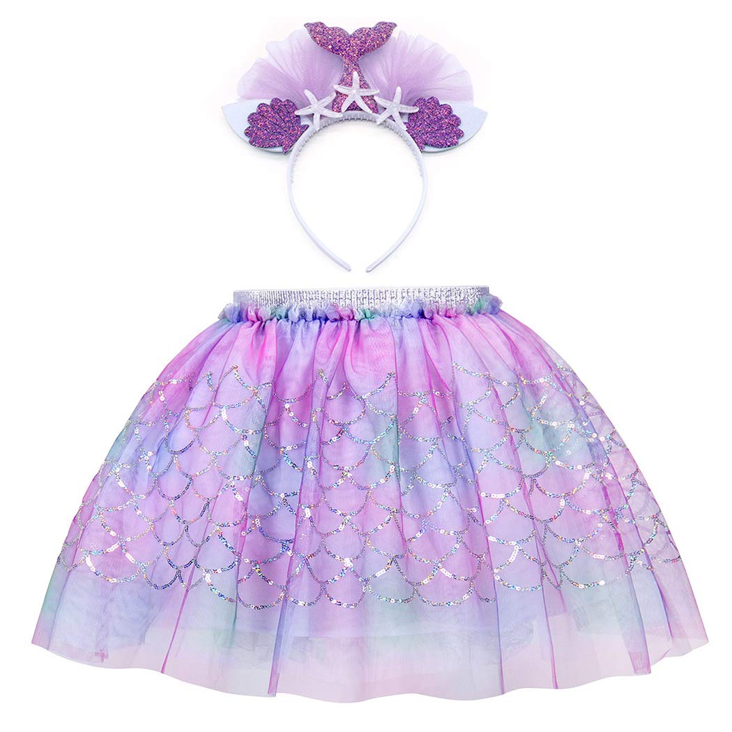 AmzBarley Girls Princess Mermaid Tutu Dress with Sequins - Sparkly Skirt for Birthday Party & Fancy Dress Up - Includes Mermaid Headband - Perfect for Halloween, Costume Parties & Photo Shoots