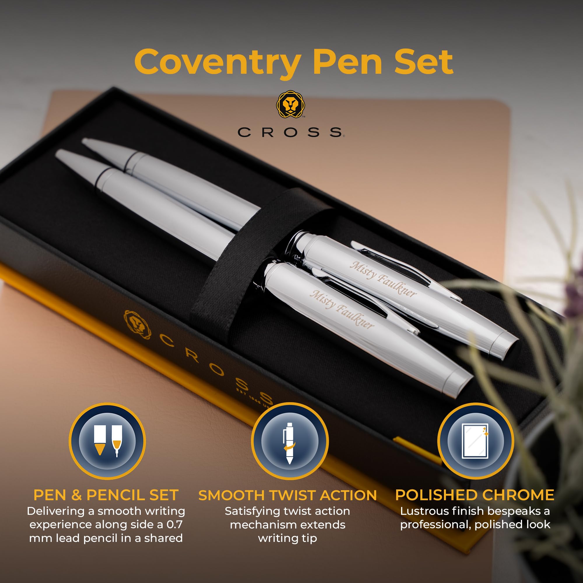 Engraved Cross Coventry Twist-Action Ballpoint Pen and Pencil Set - Premium Chrome Writing Instruments for Professionals, Personalized Gift for Graduation, Anniversary & Corporate Events | Luxury Pen Set for Office, Business & Special Occasions