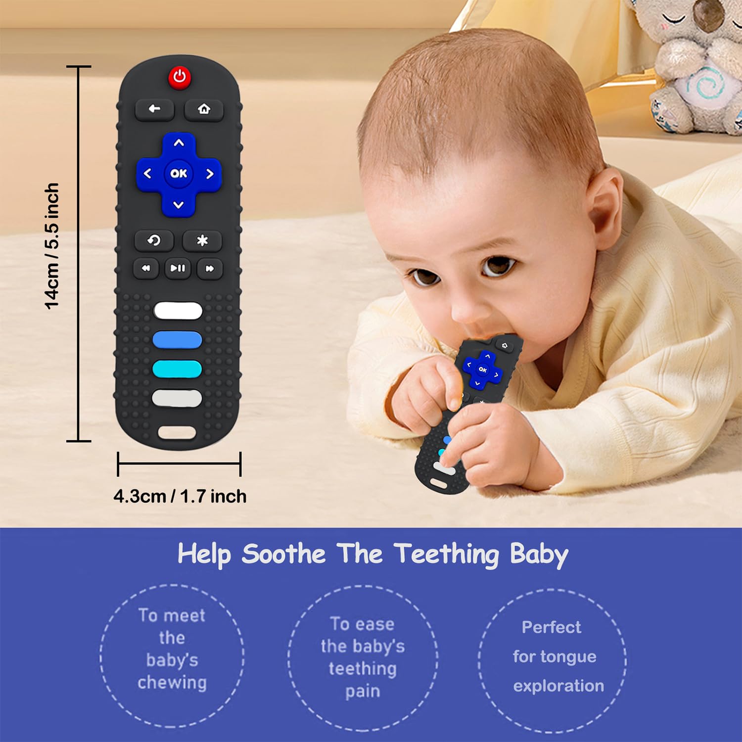 FDA Approved Baby Teething Toys - BPA Free, Food Grade Silicone Teether for Infants 3-6-12-18 Months | TV Remote Shaped Chew Toy for Soothing Sore Gums | Freezer Safe for Cooling Relief | Perfect for Home, Travel & Daycare Use (Black RC)