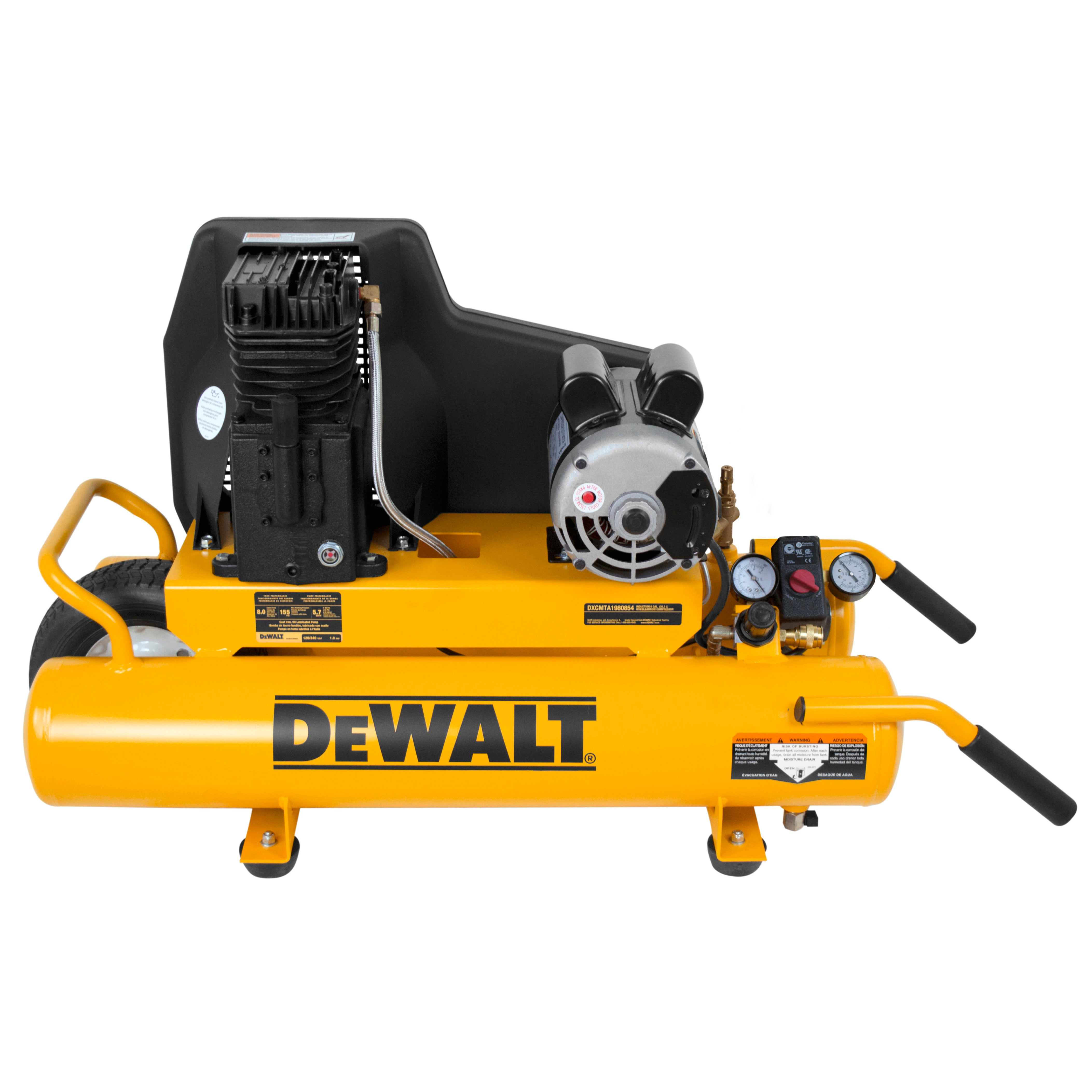 **DeWALT DXCMTA1980854 1.9 HP 8 Gallon Dual Voltage Wheelbarrow Air Compressor - 1 Phase, Portable for Construction, Home DIY, and Outdoor Projects**