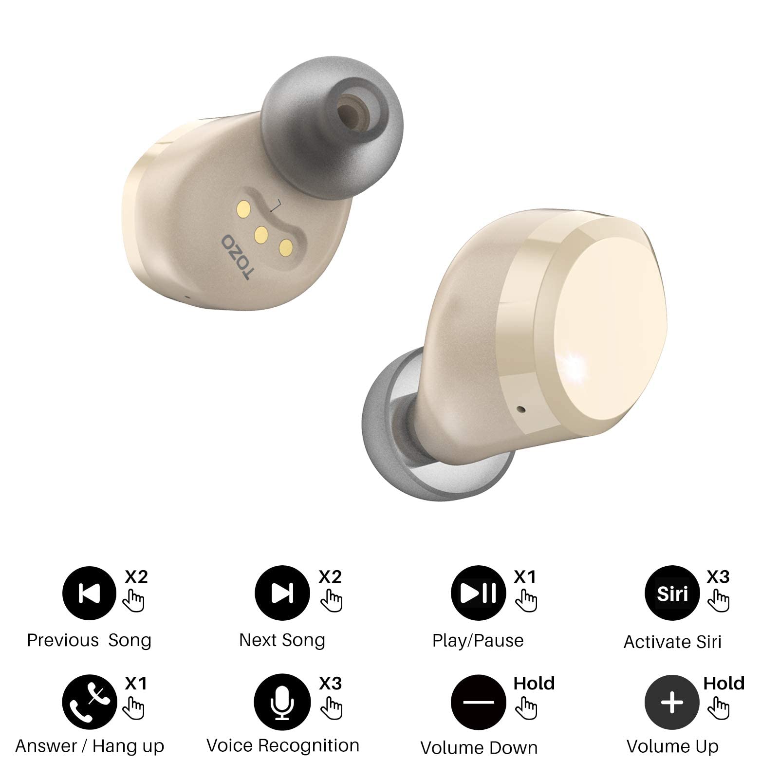 TOZO T12 Wireless Earbuds Bluetooth 5.3 Headphones with Wireless Charging Case, Hi-Fi Stereo Sound, IPX8 Waterproof, Built-in Mic, LED Display - Perfect for Gym, Running & Travel (Renewed, Champagne Gold)