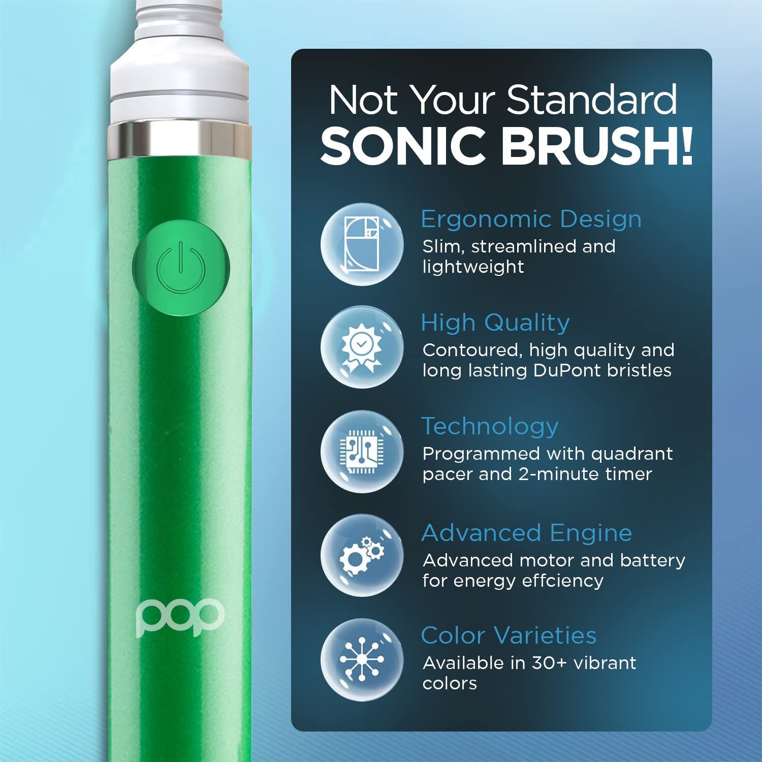 Pop Sonic Electric Toothbrush for Kids & Travel (Green) - 2 Speed Modes (15,000-30,000 RPM) with DuPont Nylon Bristles, Battery Powered - Perfect for Home, School & Vacation Use