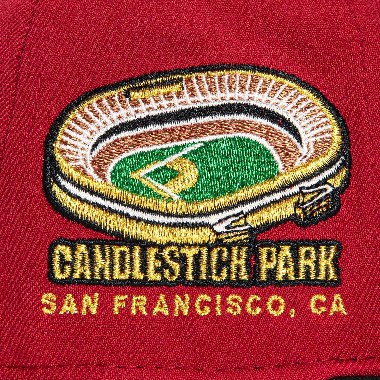 New Era 59Fifty San Francisco Giants Candlestick Park Patch Script Hat - Cardinal, Black & Metallic Gold - Official MLB Baseball Cap for Fans & Collectors - Perfect for Games, Tailgating & Streetwear Fashion