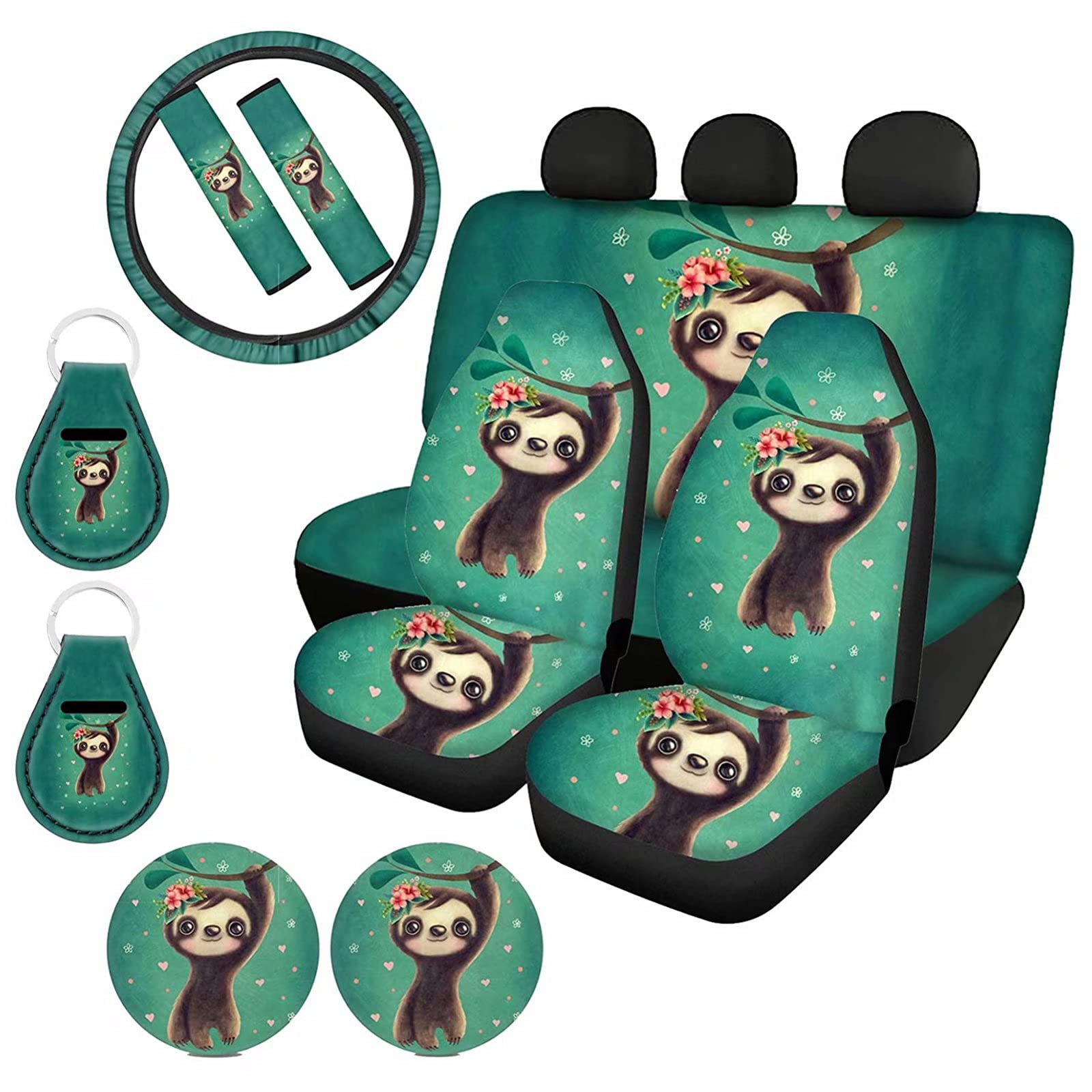 Cute Sloth Floral Car Seat Covers Set - 11-Piece Universal Accessories Kit with Steering Wheel Cover, Seatbelt Pads, Cup Holder Coasters & Keychain (Turquoise Green) - Perfect for Women's Car Interior Decor & Gift Ideas