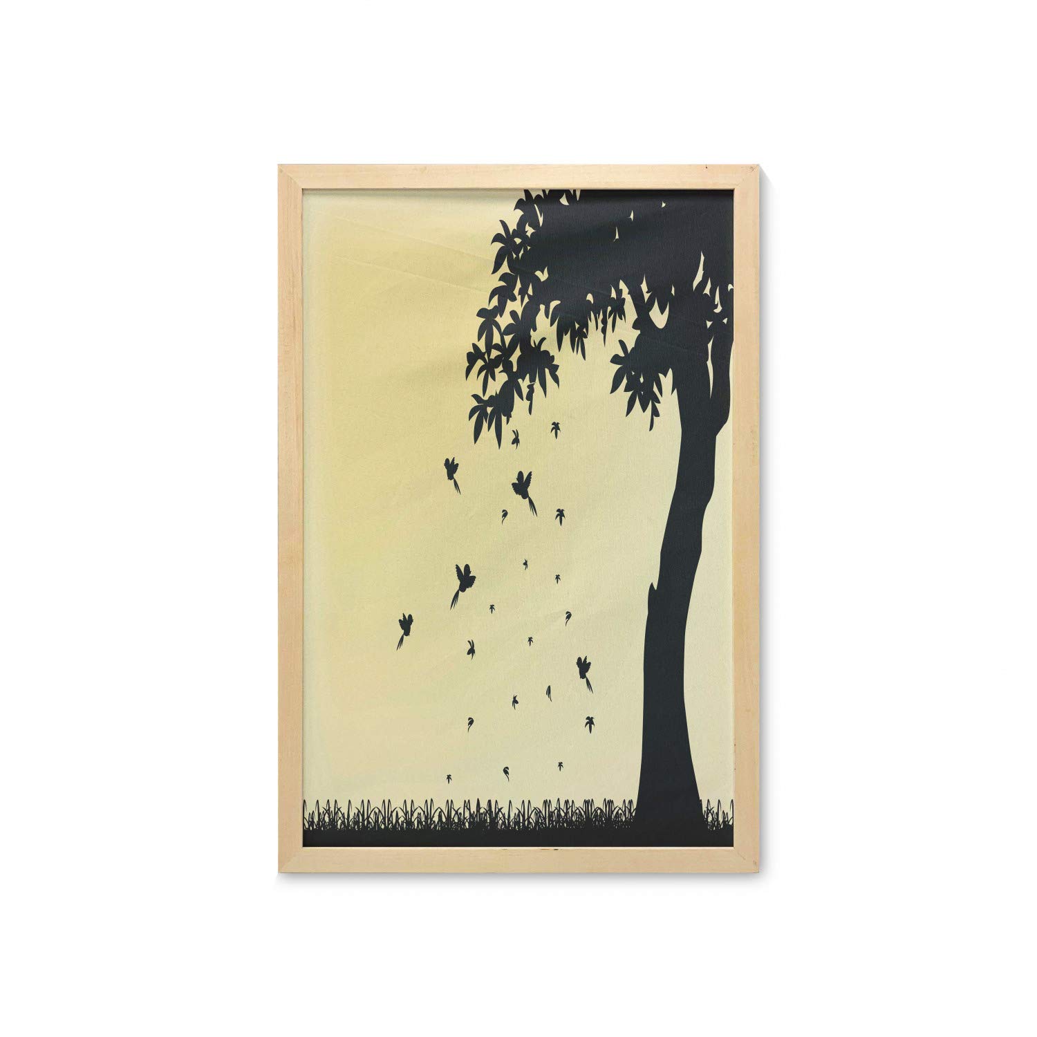Ambesonne Autumn Wall Art with Frame - Fall Tree Silhouette with Falling Leaves & Birds Print, 23