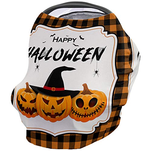 Premium Nursing Covers for Breastfeeding - Multi-Use Baby Stroller & Car Seat Canopy in Halloween Pumpkin Bat Orange/Black Buffalo Plaid - Perfect for High Chair, Shopping Cart & Infinity Scarf Use