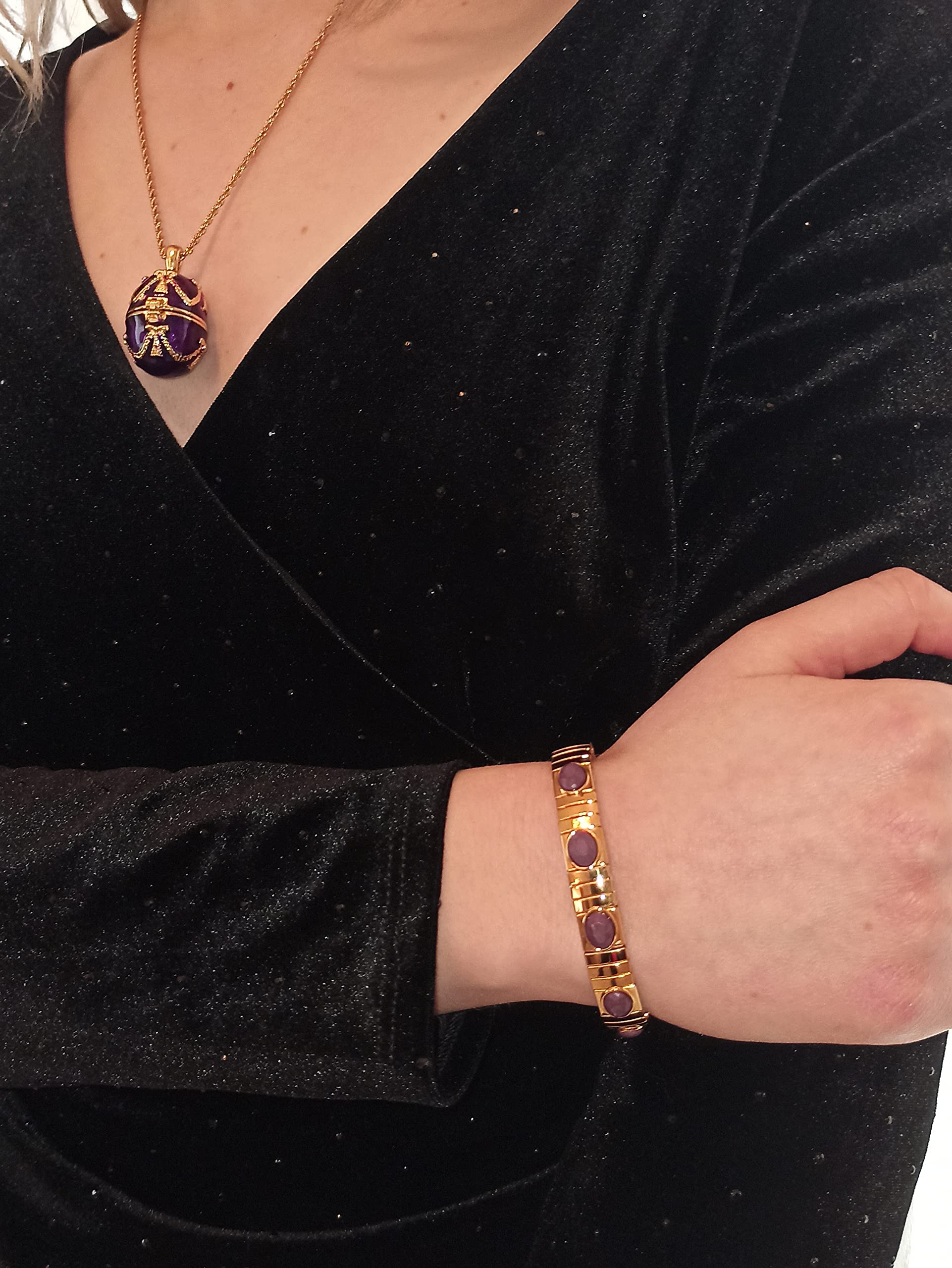 Handmade 24k Gold Plated Amethyst Faberge Egg Pendant Necklace & Bracelet Set - Russian Style Purple Jewelry Gift with 23.5