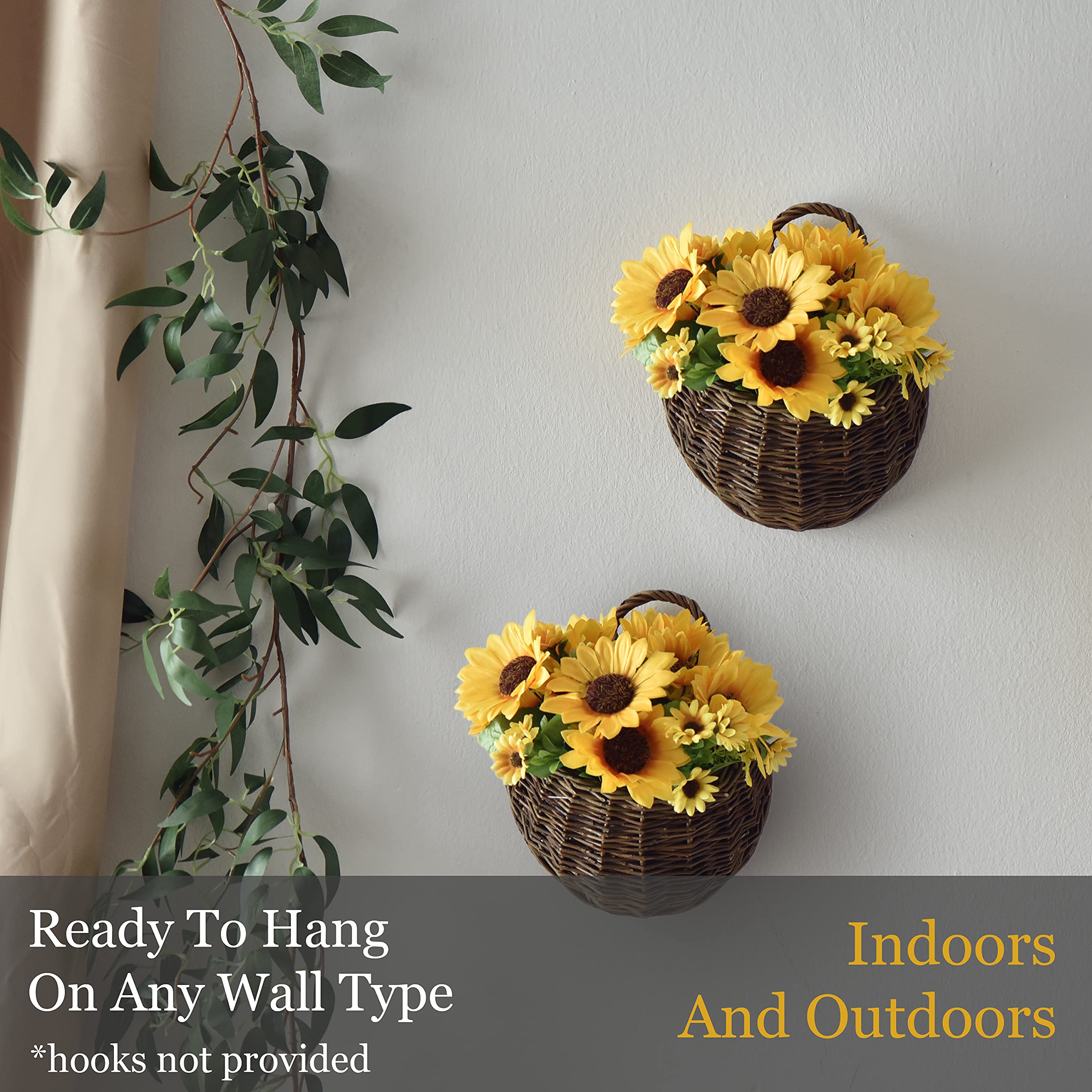 2-Pack Artificial Sunflower Wall Decor with Hand Woven Baskets - Faux Sunflower Kitchen & Bathroom Décor - Hanging Fake Sunflower Wreath for Home, Office, and Outdoor Spaces