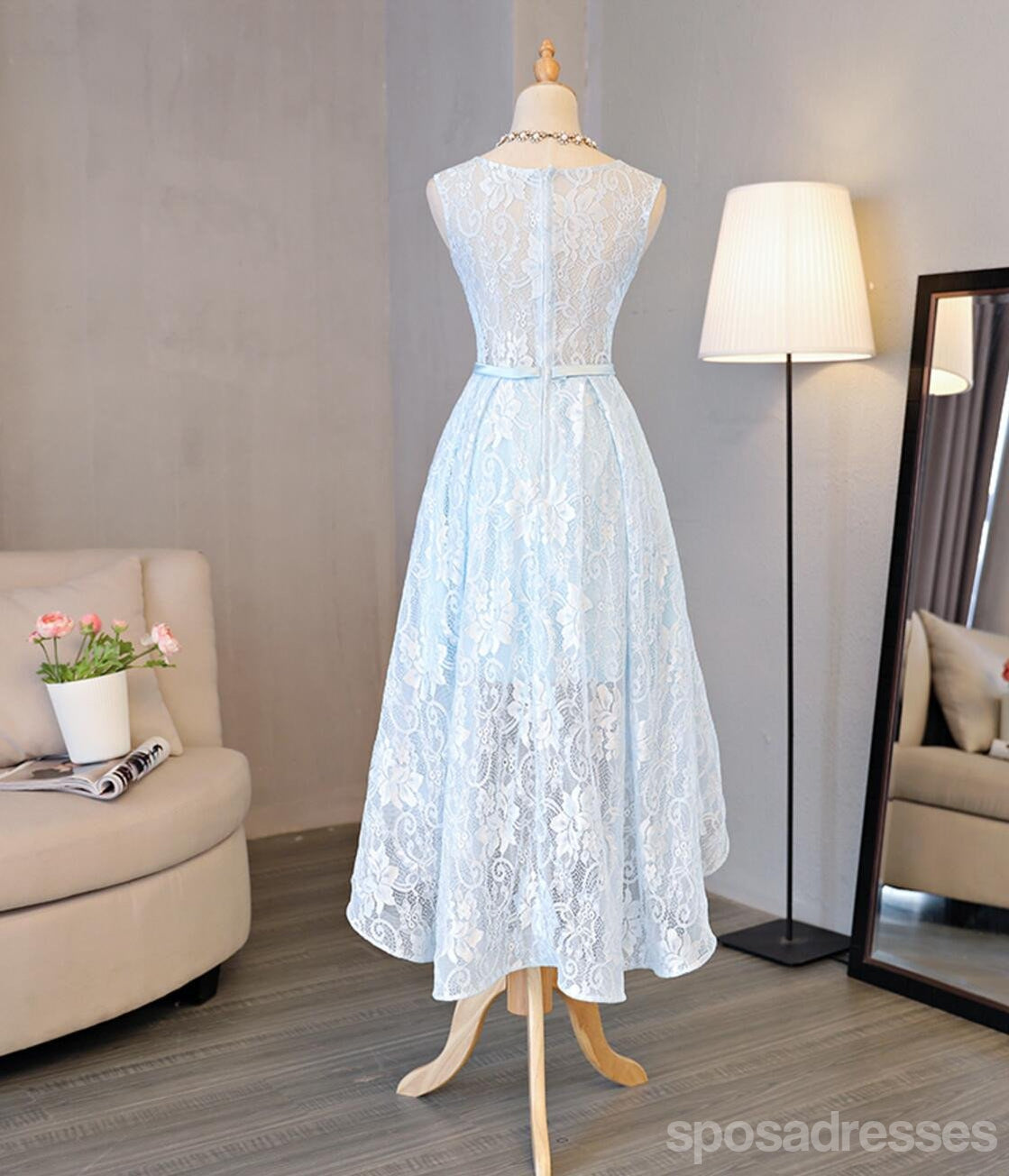 Elegant Blue Lace High-Low Prom Dress for Homecoming, Sweet 16 & Party | Affordable Formal Gown CM327 | Perfect for Prom Night, Quinceañera & Special Occasions