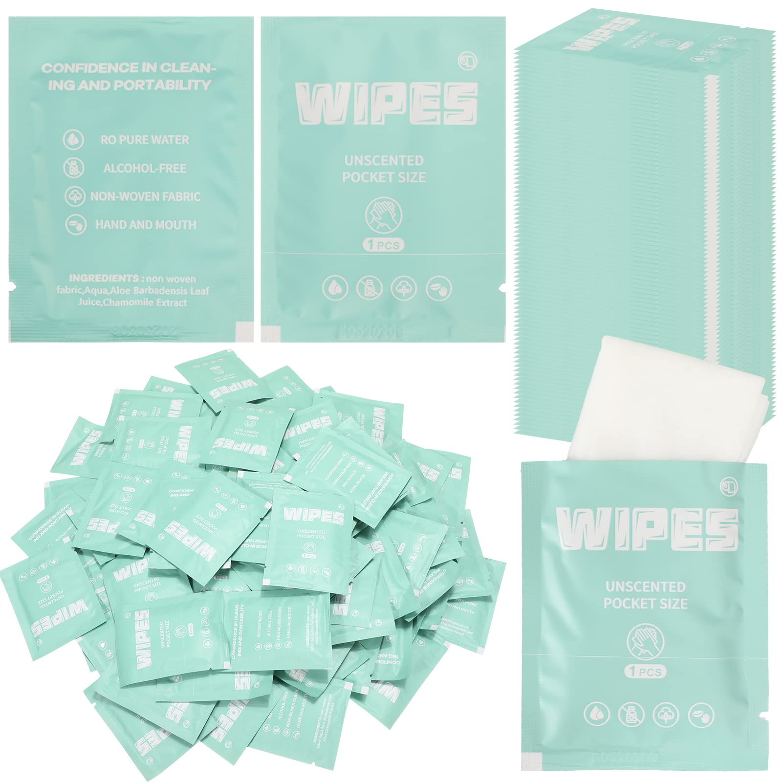 Lounsweer 500 Count Unscented Flushable Wet Wipes - Individually Wrapped Travel Size Cleansing Wipes for Adults | Gentle Hand & Body Cleaning | Perfect for Travel, Home, Office & On-The-Go Use (Light Green)