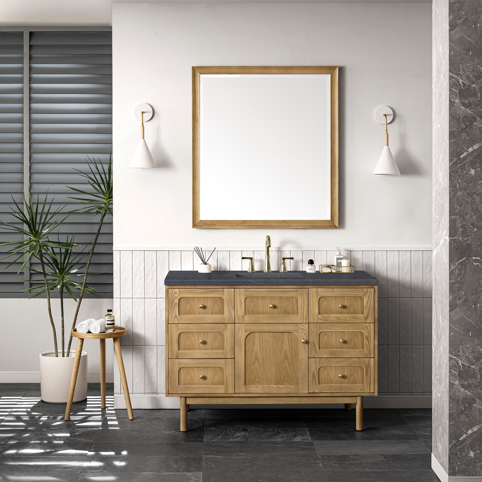 Laurent 48 Inch Single Bathroom Vanity with Light Natural Oak Finish & 3CM Charcoal Soapstone Top - Perfect for Modern Master Bathrooms and Powder Rooms