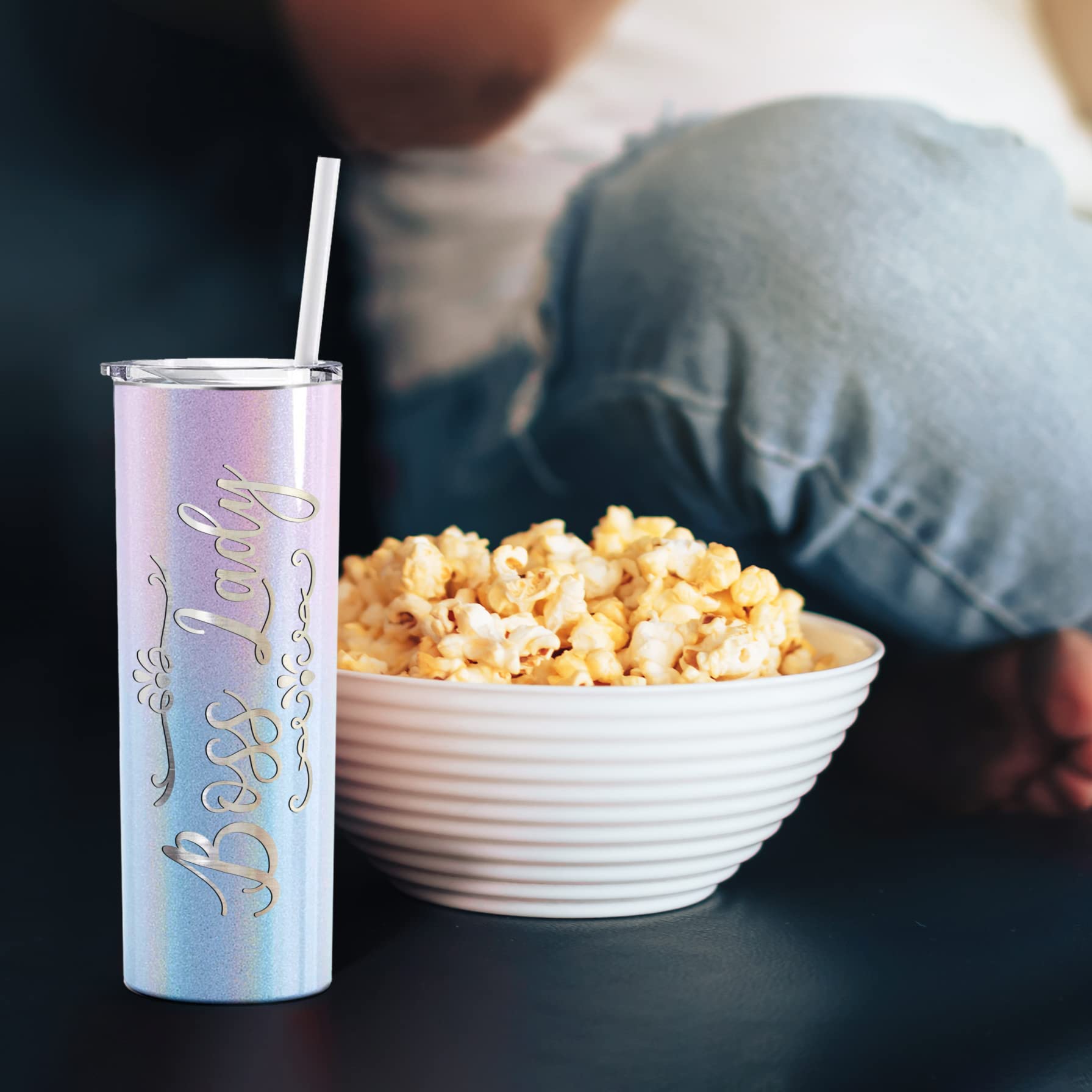 20 oz Insulated Stainless Steel Skinny Tumbler with Lid & Straw - Laser Engraved Boss Lady Design on Cotton Candy Glitter - Perfect Birthday Gift for Women, Office Boss Gifts | Great for Coffee, Iced Drinks & Workplace Hydration