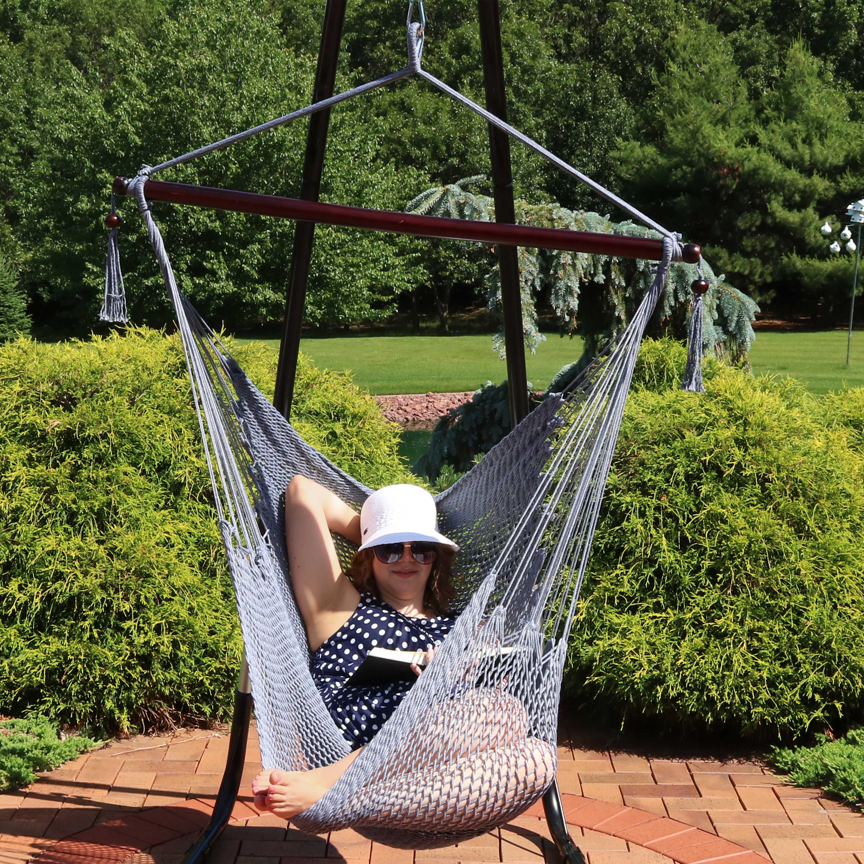 Sunnydaze Extra Large Hanging Caribbean Hammock Chair - Durable Outdoor Swing for Patio, Garden, Backyard & Poolside Relaxation