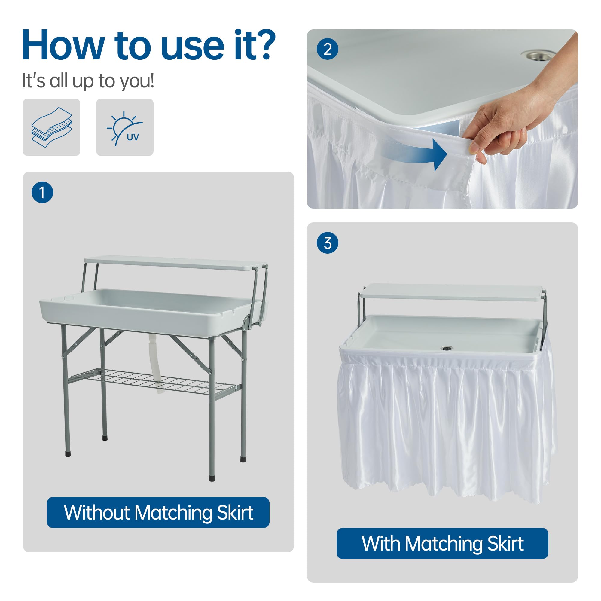**Portable Folding Ice Cooler Table with Removable Skirt, Large Sink & Drain – Perfect for Outdoor BBQs, Camping & Tailgating Parties**