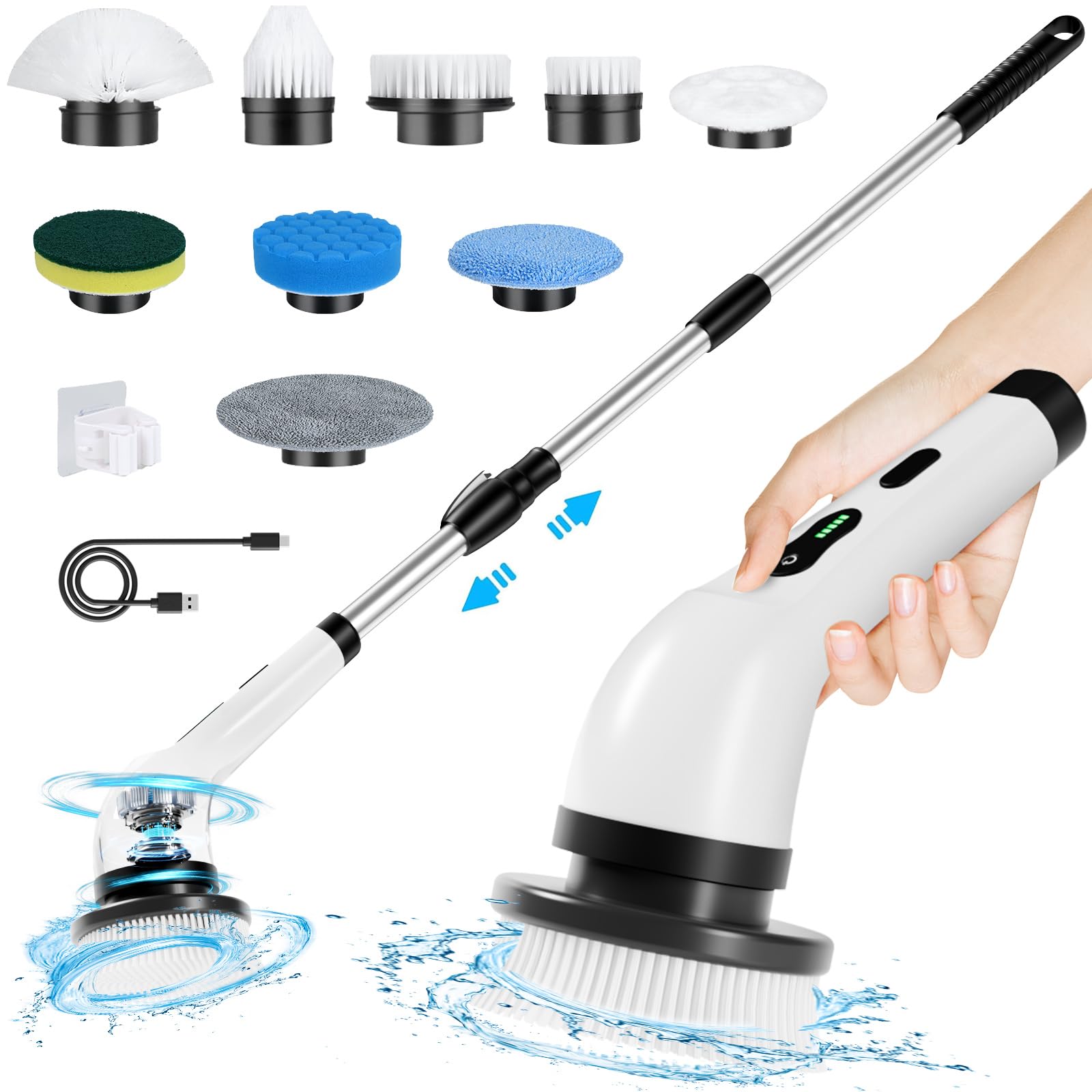Cordless Electric Spin Scrubber with 9 Brush Heads - Powerful Cleaning Brush for Bathroom, Shower, Bathtub, Tile & Car - Long Handle Rechargeable Scrubber for Deep Cleaning (Perfect for Grout, Hard Water Stains & Tough Soap Scum Removal)