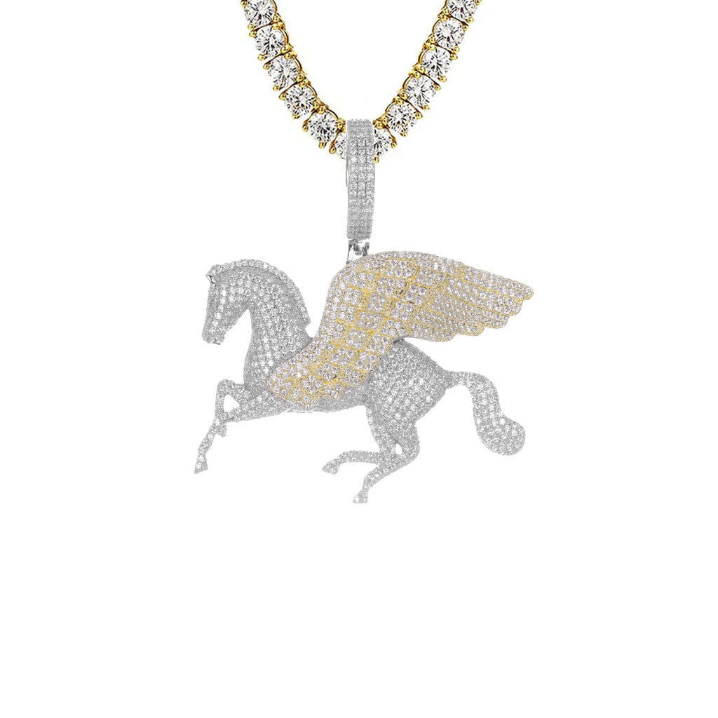Men's Flying Horse Icy Two-Tone Yellow Gold Animal Pendant Necklace - Perfect for Gifts, Parties, and Everyday Fashion Accessories
