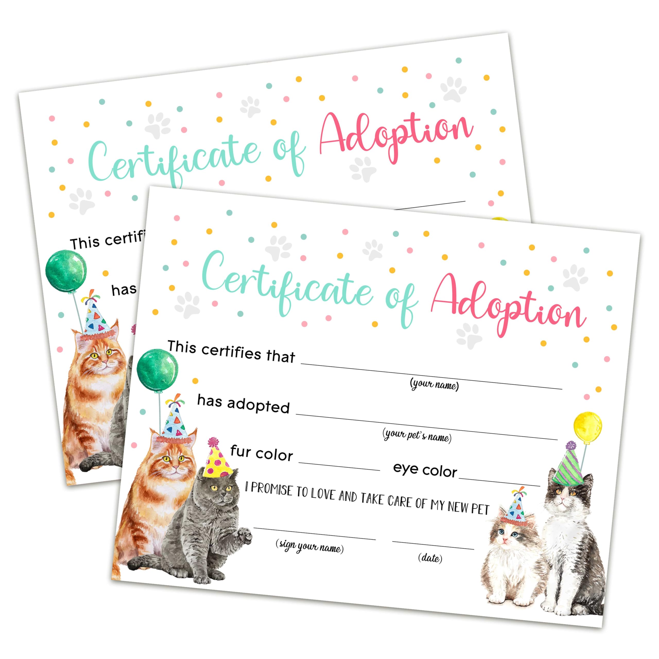 Adopt A Cat Certificate - 10 Pack Pet Adoption Certificates for Girls, Cat Kitten Adoption Party Decorations & Birthday Party Favors Supplies - Perfect for Adoption Events, Birthday Parties & Gift Giving (CC04)